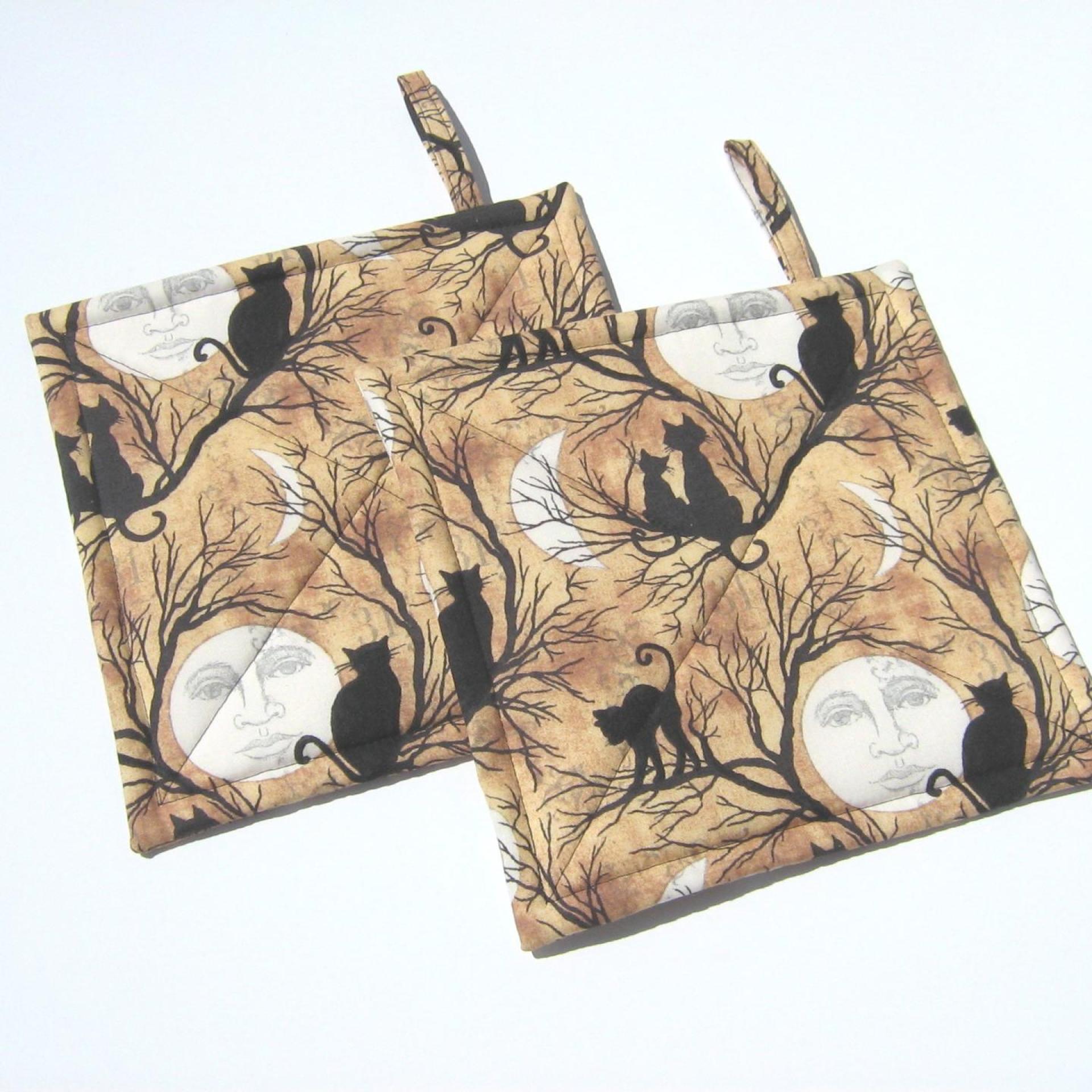 Halloween Potholders with Full Moons and Cats in Spooky Trees, Haunted House Décor, Handmade Hot Pads, Hostess Gift