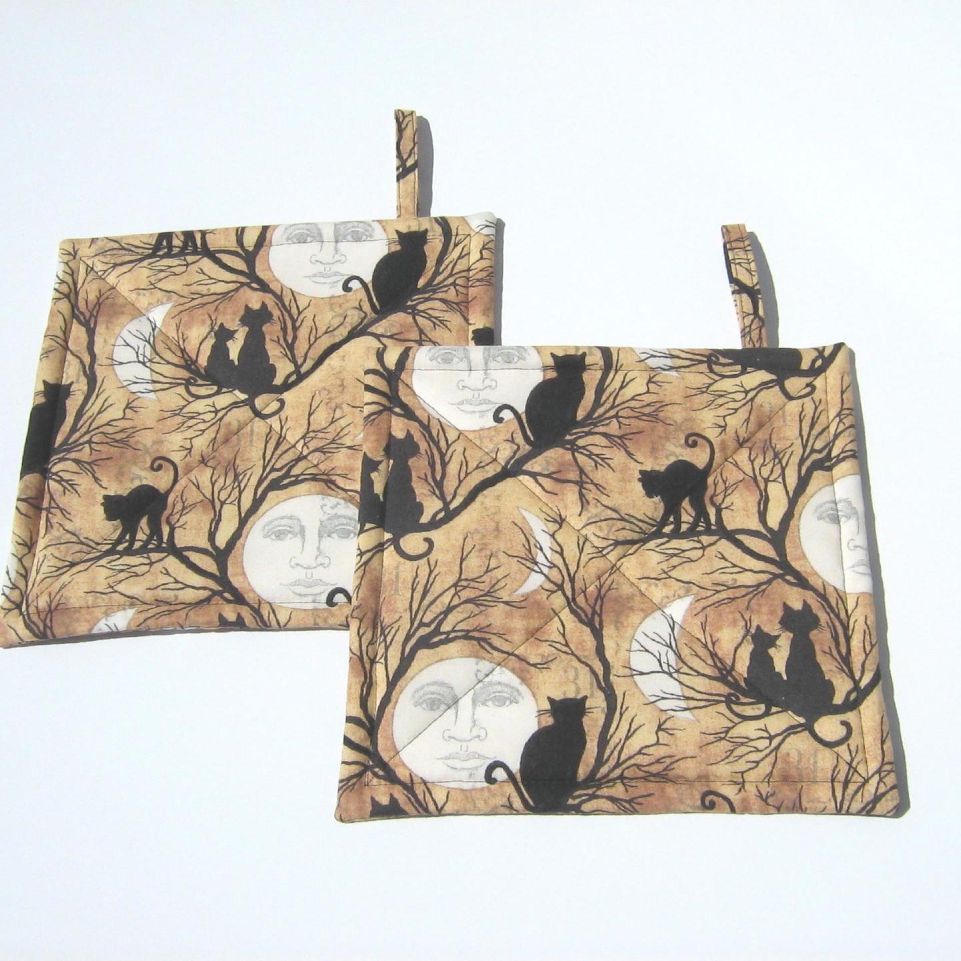 Halloween Potholders with Full Moons and Cats in Spooky Trees, Haunted House Décor, Handmade Hot Pads, Hostess Gift