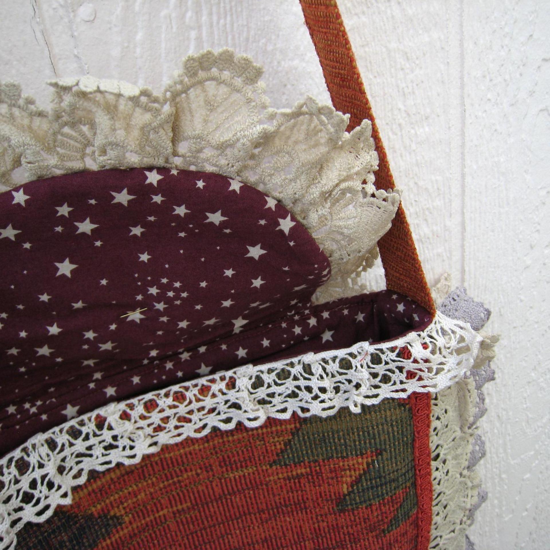 Boho Festival Bag w. Vintage Lace Trim, Rose Applique & Glamor Brooch, Décor Fabric Hippie Tote w. Starry Cotton Lining, 2 Pockets, USA Made