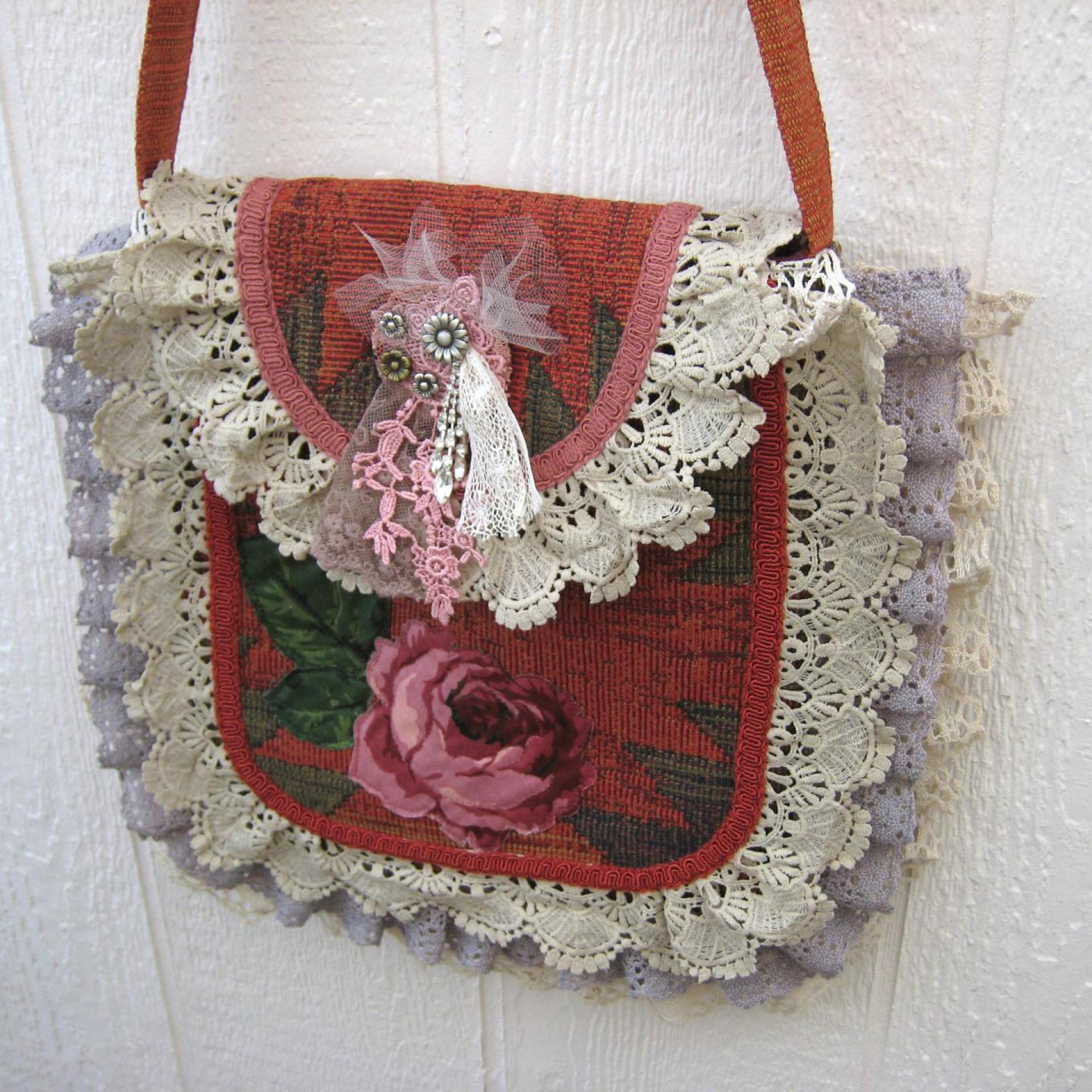 Boho Festival Bag w. Vintage Lace Trim, Rose Applique & Glamor Brooch, Décor Fabric Hippie Tote w. Starry Cotton Lining, 2 Pockets, USA Made