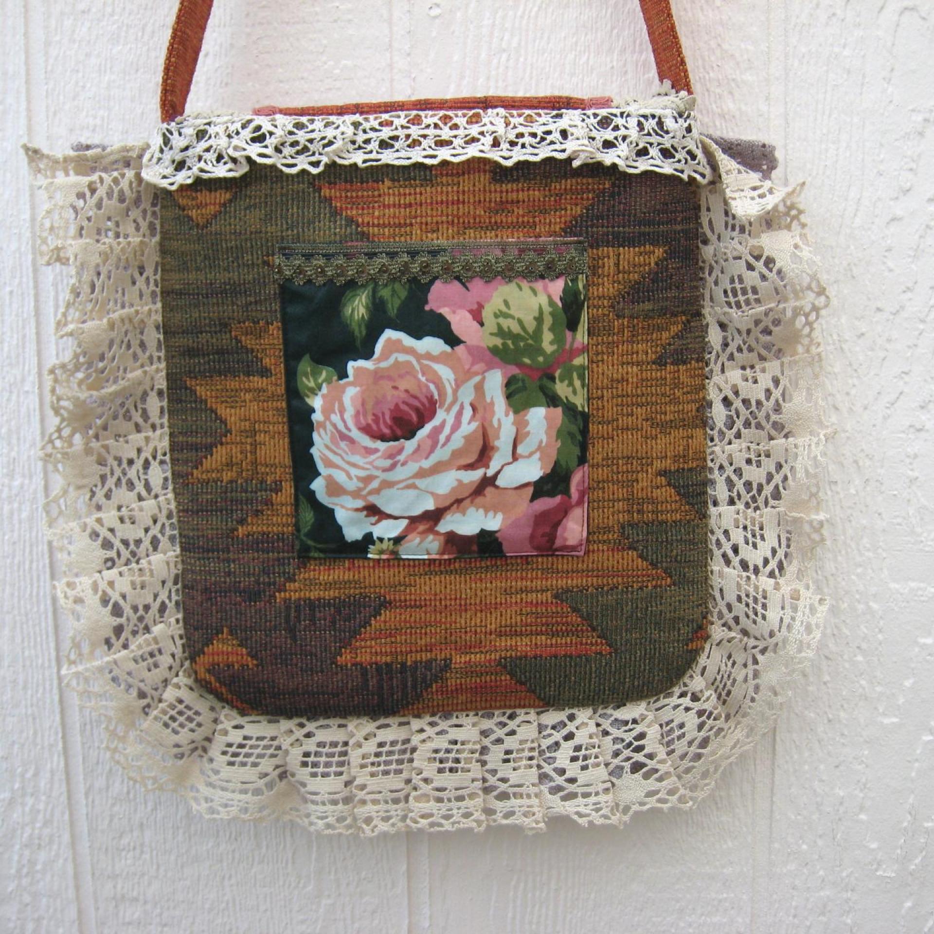 Boho Festival Bag w. Vintage Lace Trim, Rose Applique & Glamor Brooch, Décor Fabric Hippie Tote w. Starry Cotton Lining, 2 Pockets, USA Made