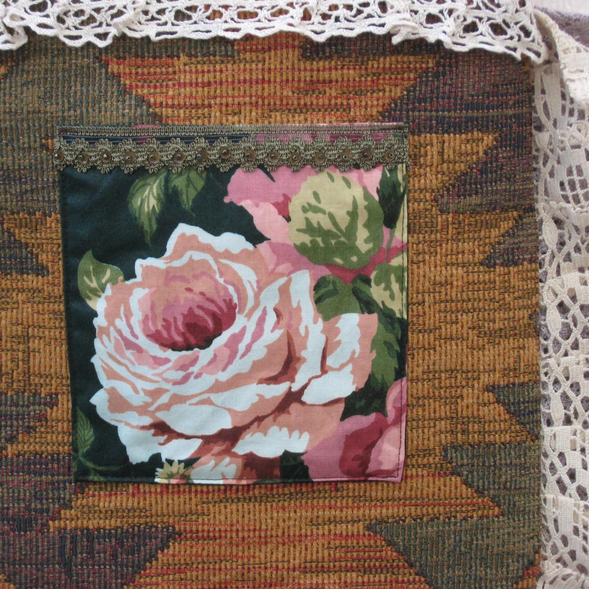 Boho Festival Bag w. Vintage Lace Trim, Rose Applique & Glamor Brooch, Décor Fabric Hippie Tote w. Starry Cotton Lining, 2 Pockets, USA Made