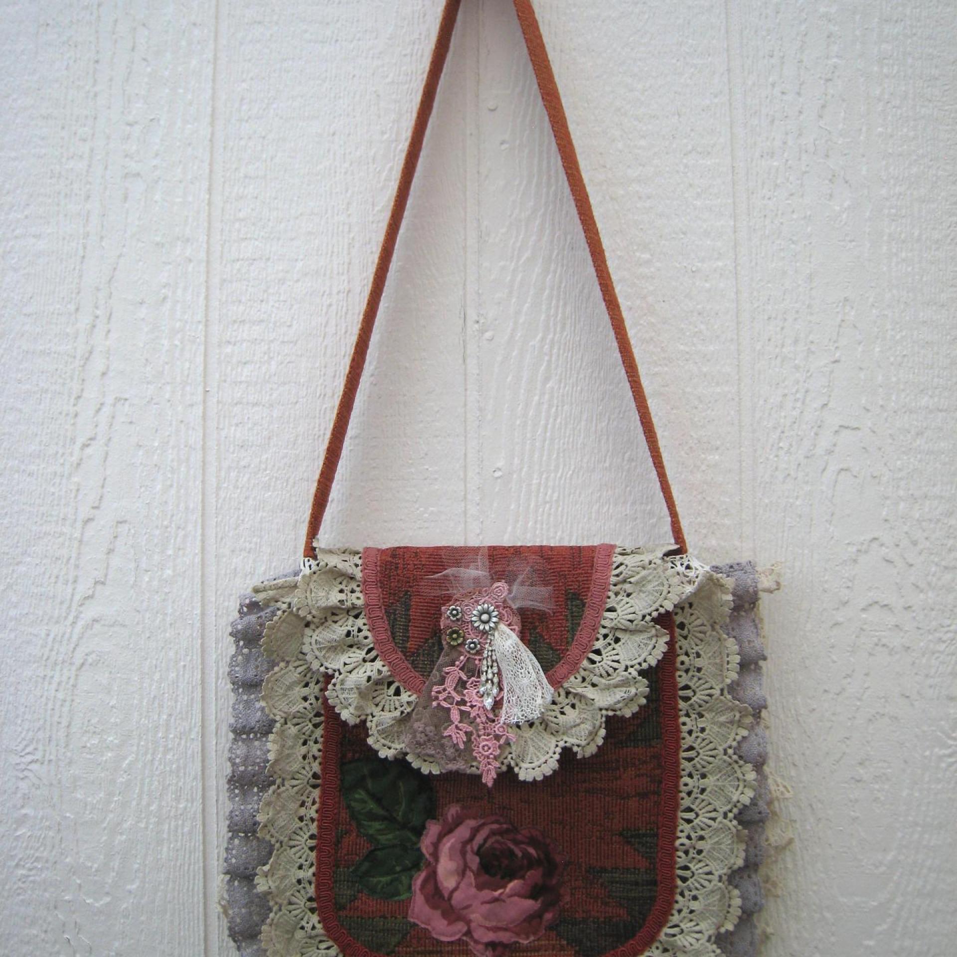Boho Festival Bag w. Vintage Lace Trim, Rose Applique & Glamor Brooch, Décor Fabric Hippie Tote w. Starry Cotton Lining, 2 Pockets, USA Made