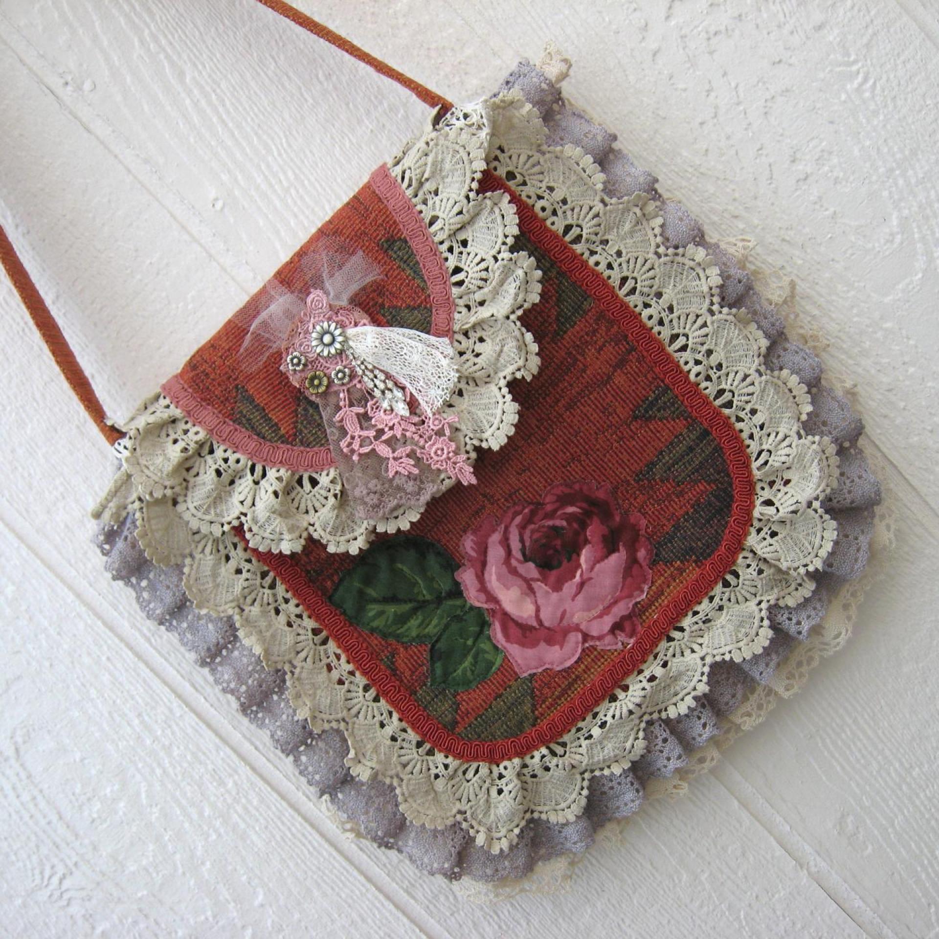 Boho Festival Bag w. Vintage Lace Trim, Rose Applique & Glamor Brooch, Décor Fabric Hippie Tote w. Starry Cotton Lining, 2 Pockets, USA Made