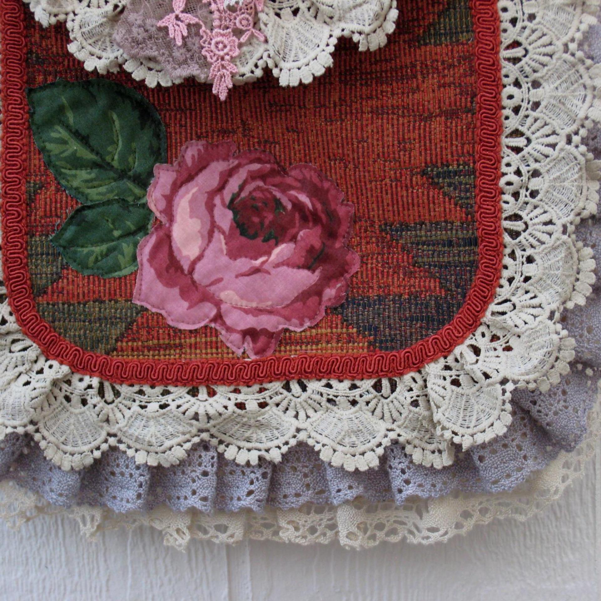 Boho Festival Bag w. Vintage Lace Trim, Rose Applique & Glamor Brooch, Décor Fabric Hippie Tote w. Starry Cotton Lining, 2 Pockets, USA Made