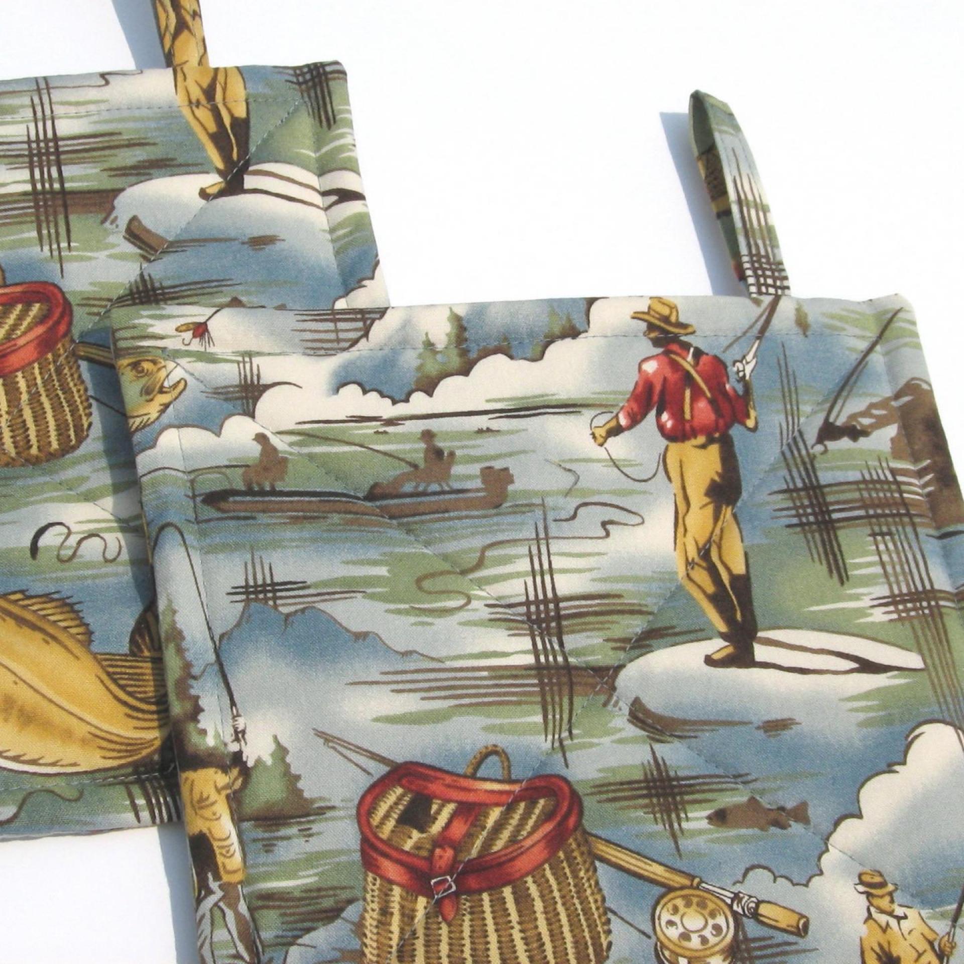 Fishing Potholders, Quilted Hot Pads Fisherman's Gift, Boat & Cabin Décor, Handmade Housewarming Gift