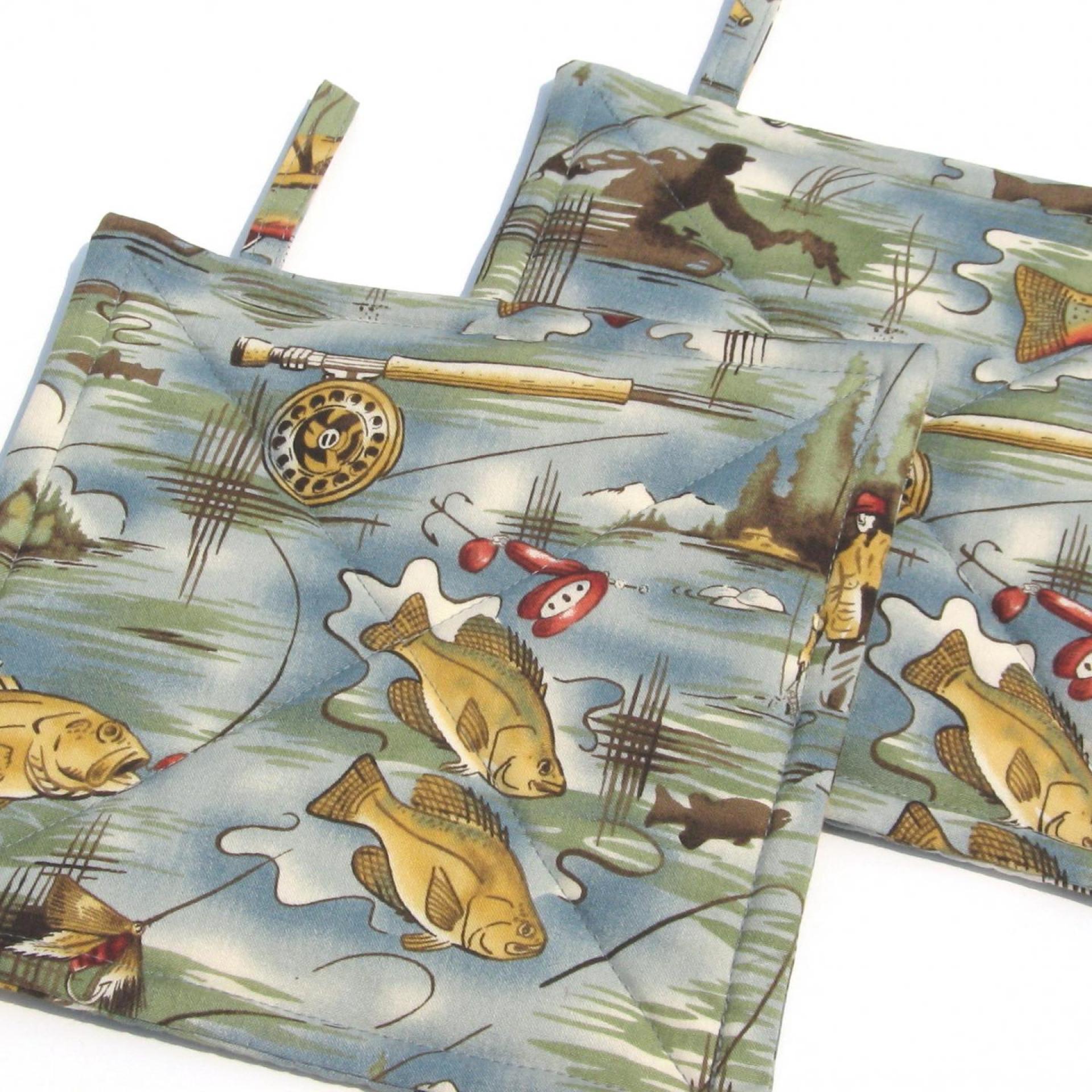 Fishing Potholders, Quilted Hot Pads Fisherman's Gift, Boat & Cabin Décor, Handmade Housewarming Gift