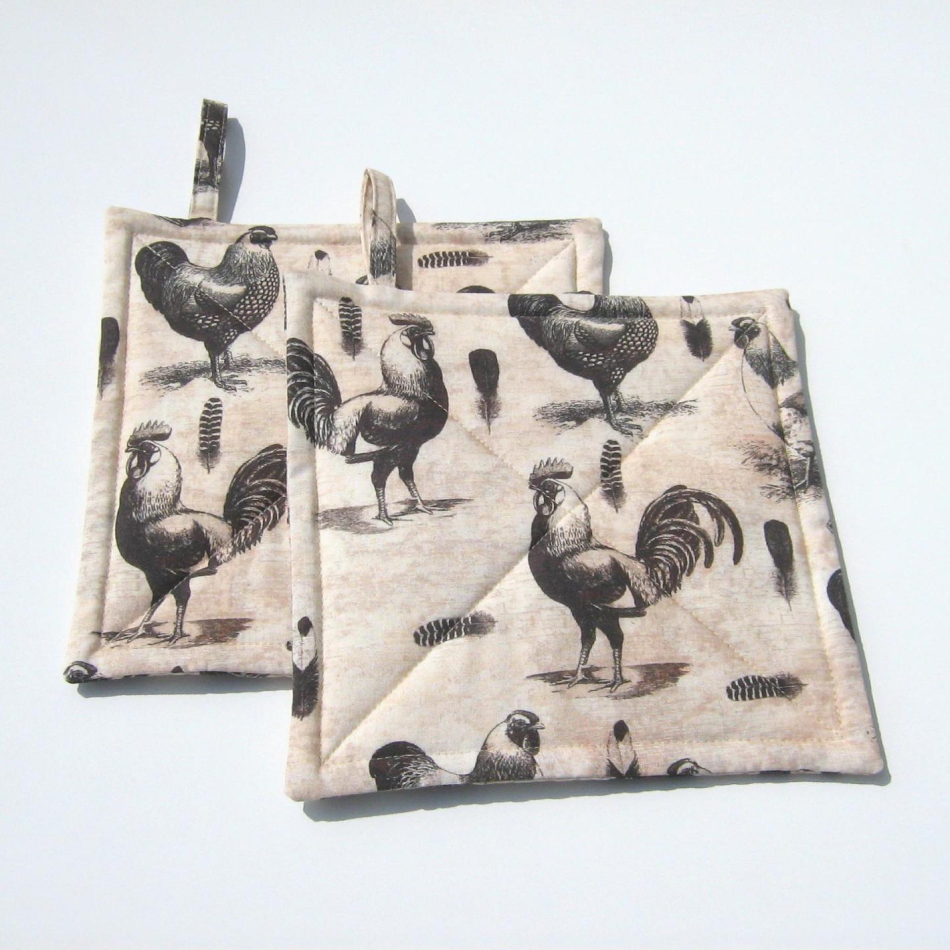 Roosters & Chickens Potholders, Quilted Handmade Hot Pads in Black, Grey, Pink Sand and Cream, Housewarming, Hostess Gift