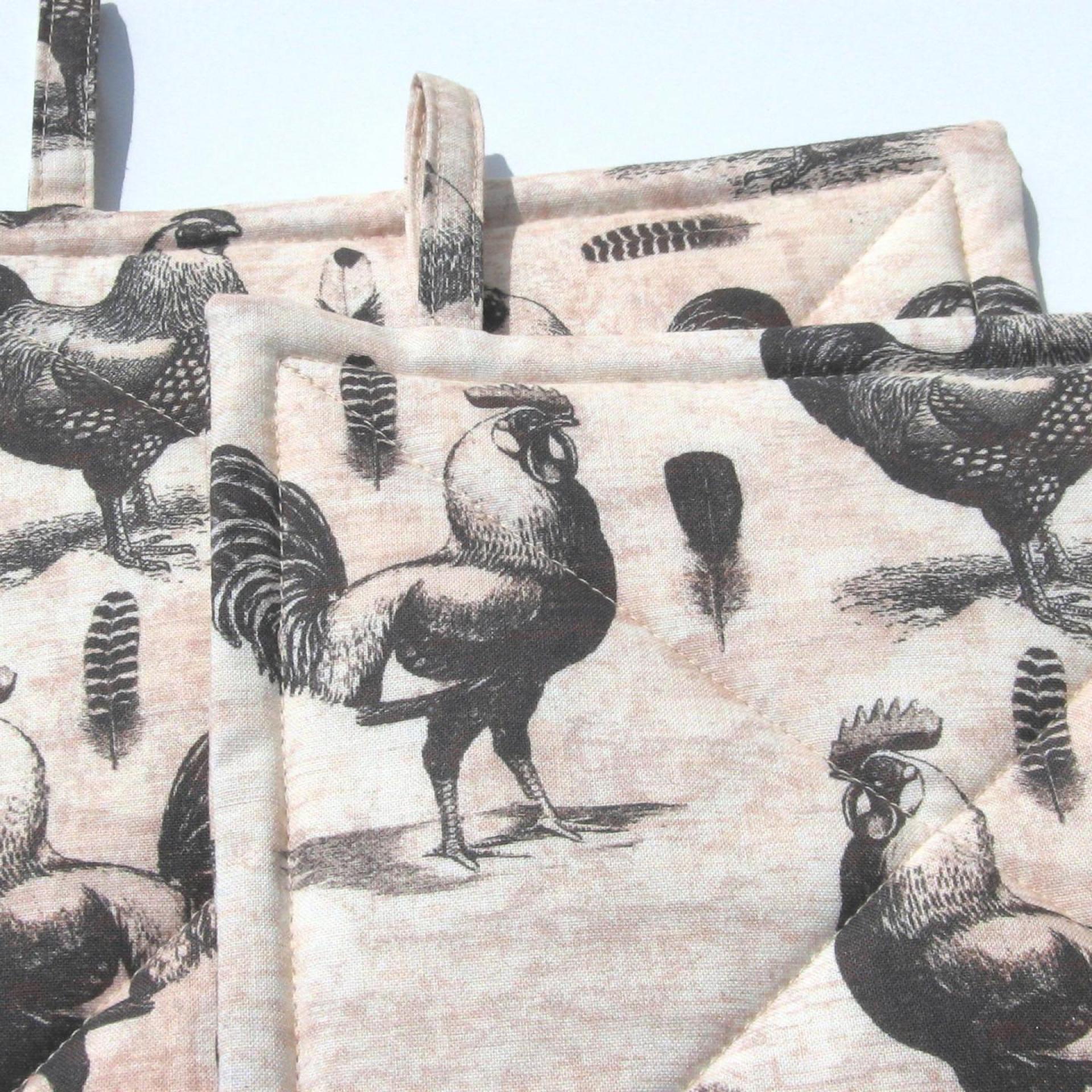 Roosters & Chickens Potholders, Quilted Handmade Hot Pads in Black, Grey, Pink Sand and Cream, Housewarming, Hostess Gift