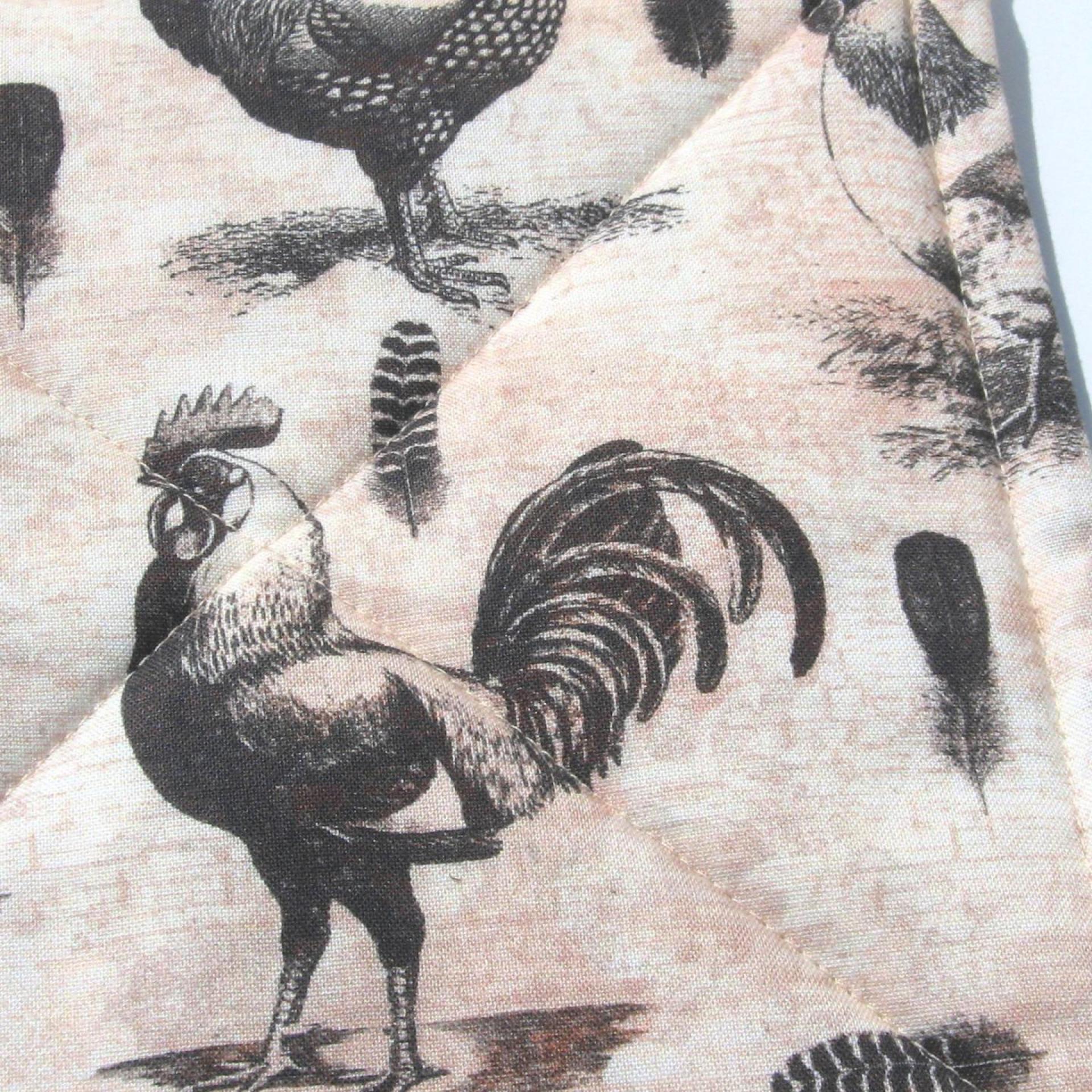 Roosters & Chickens Potholders, Quilted Handmade Hot Pads in Black, Grey, Pink Sand and Cream, Housewarming, Hostess Gift