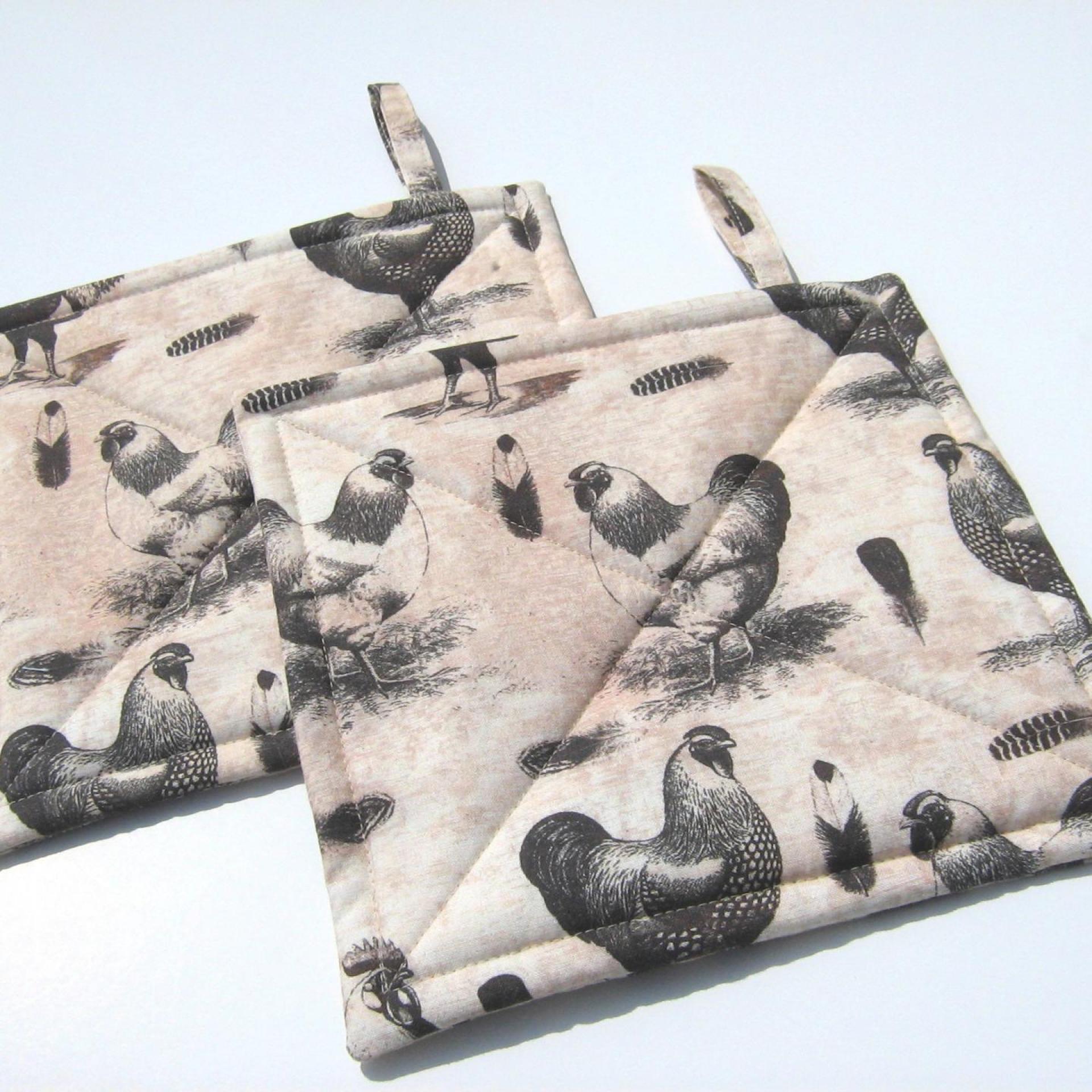 Roosters & Chickens Potholders, Quilted Handmade Hot Pads in Black, Grey, Pink Sand and Cream, Housewarming, Hostess Gift
