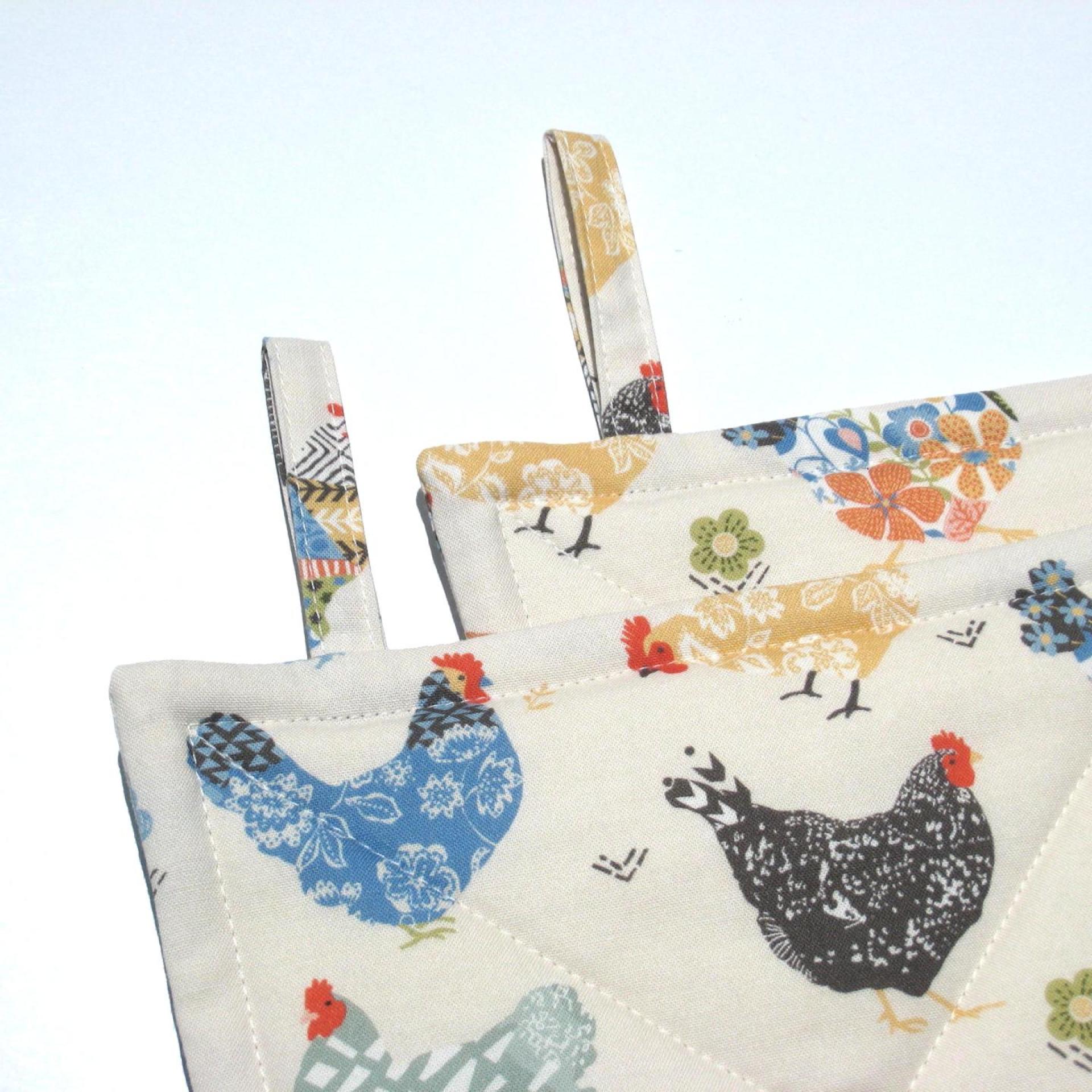 Calico Chickens Potholders, Yellow, Blue, Gray Quilted Hot Pads, USA Hand Made Hostess Gift, Stocking Stuffer, Wrapped Ready for Gift Giving