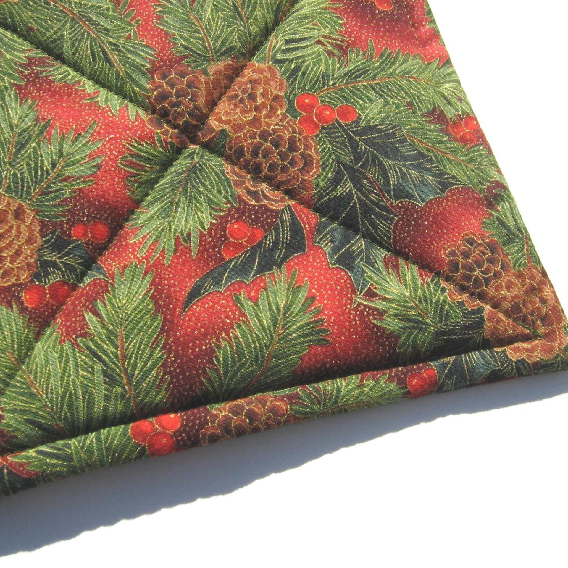 Christmas Potholders with Pine Boughs & Pinecones in Green, Brown, Red, Quilted Hot Pads, USA Made Stocking Stuffer, Housewarming, Hostess Gift