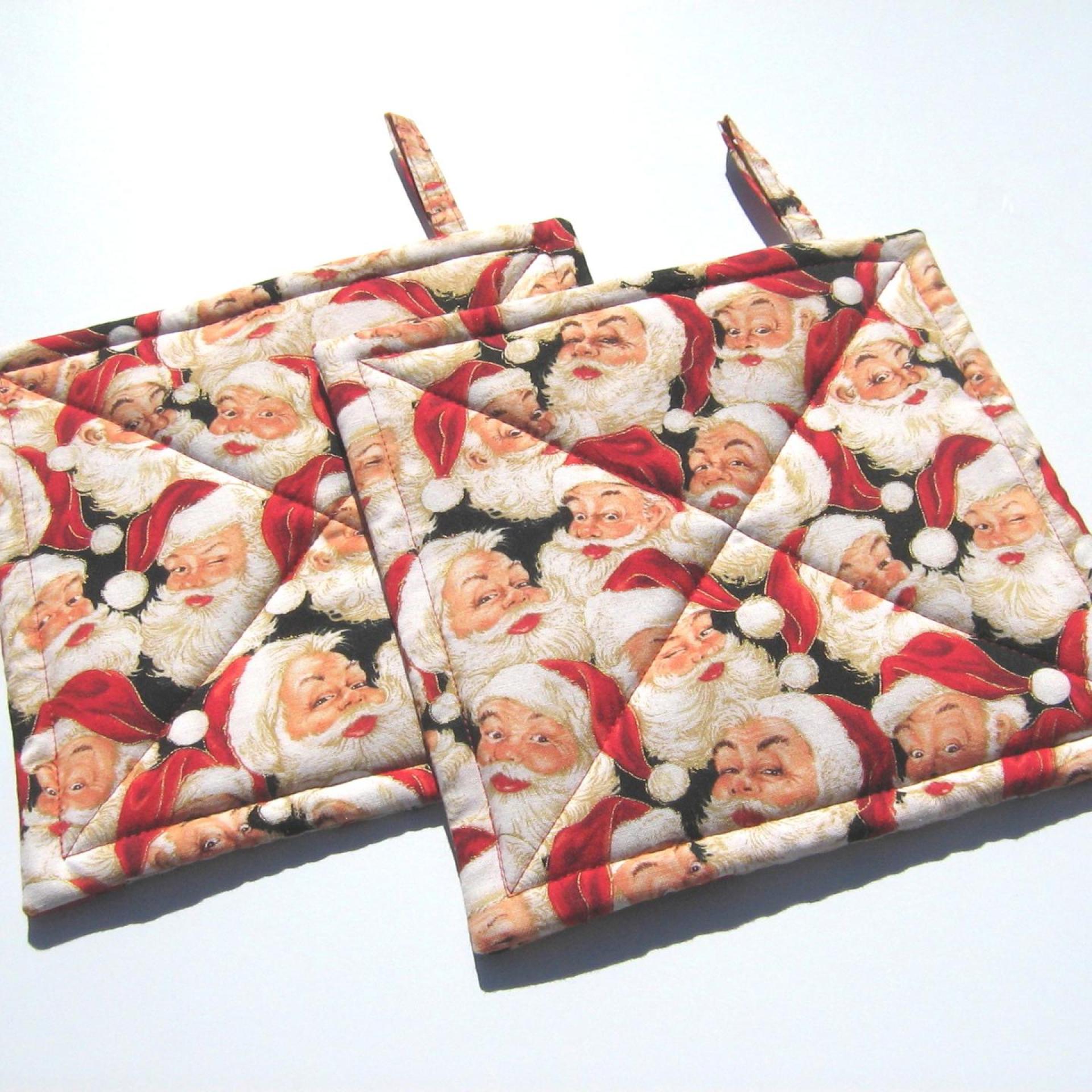 Santa Claus Potholders, Happy Santa Hot Pads, Red, White, Tan, Black Quilted Hot Pads, USA Made Stocking Stuffer, Housewarming, Hostess Gift