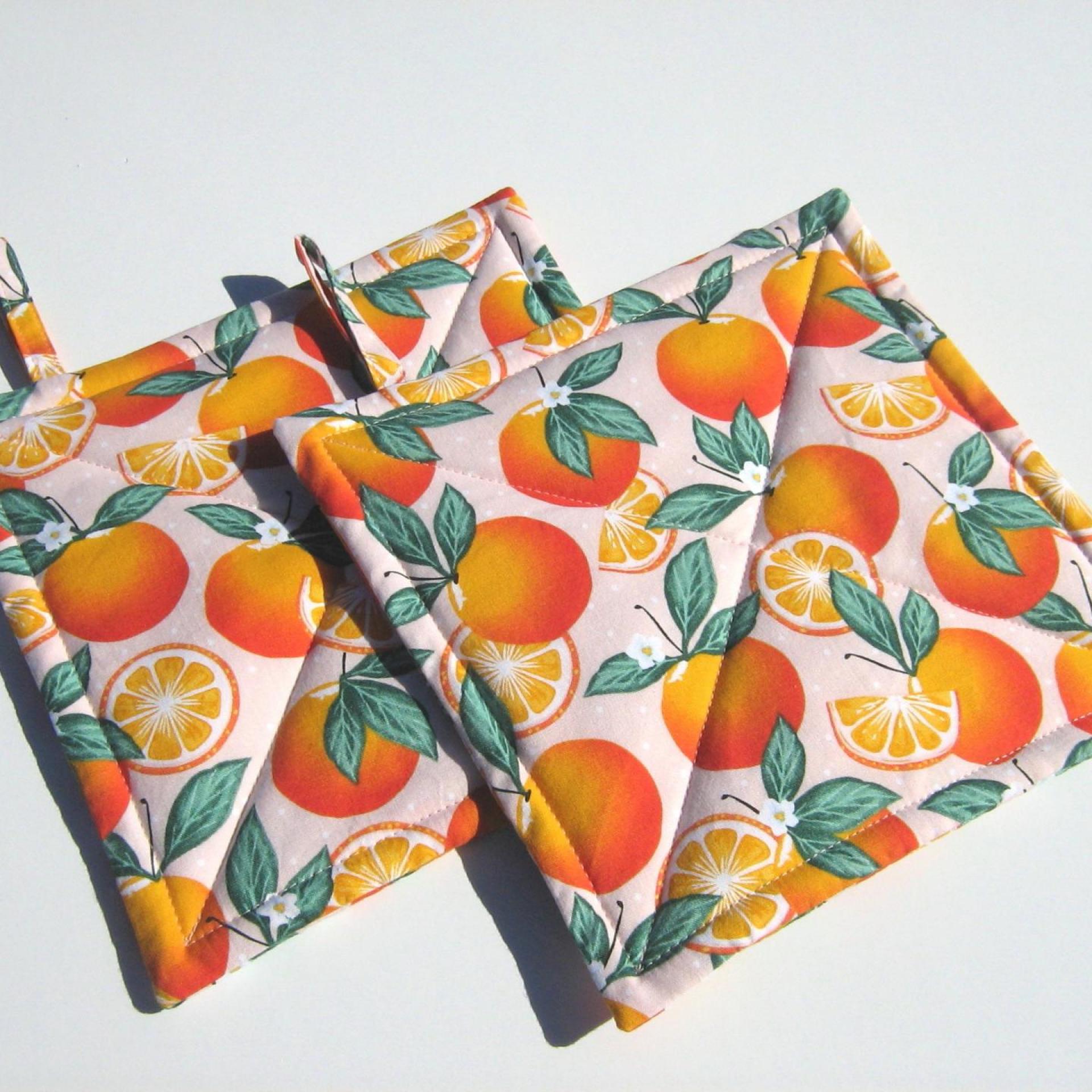 Oranges Potholders, Quilted Hot Pads with Orange Blossoms, Citrus Slices, Tiny Polka Dots, Hostess, Housewarming Gift