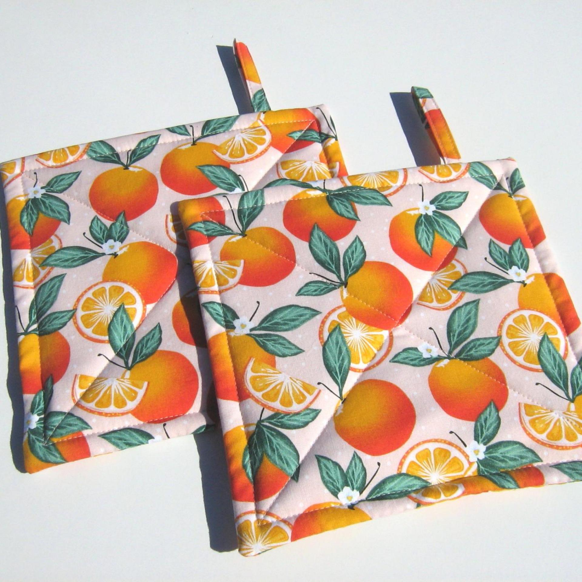 Oranges Potholders, Quilted Hot Pads with Orange Blossoms, Citrus Slices, Tiny Polka Dots, Hostess, Housewarming Gift