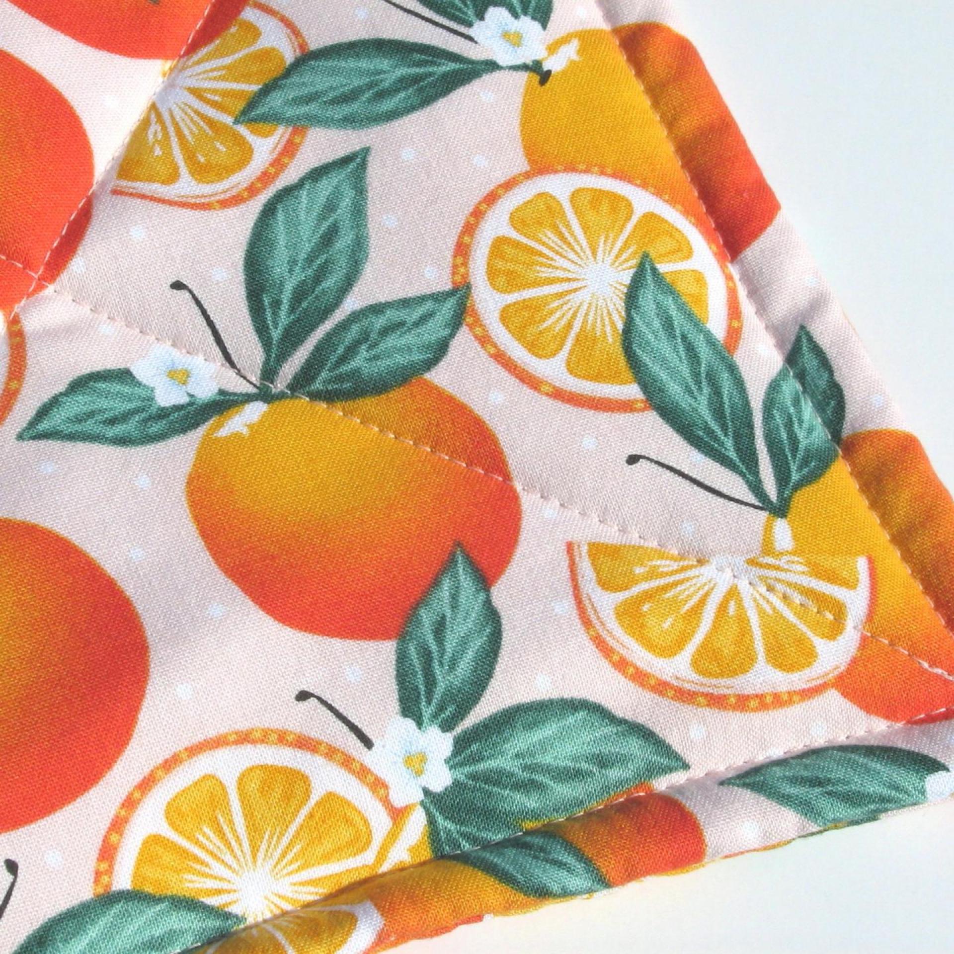 Oranges Potholders, Quilted Hot Pads with Orange Blossoms, Citrus Slices, Tiny Polka Dots, Hostess, Housewarming Gift