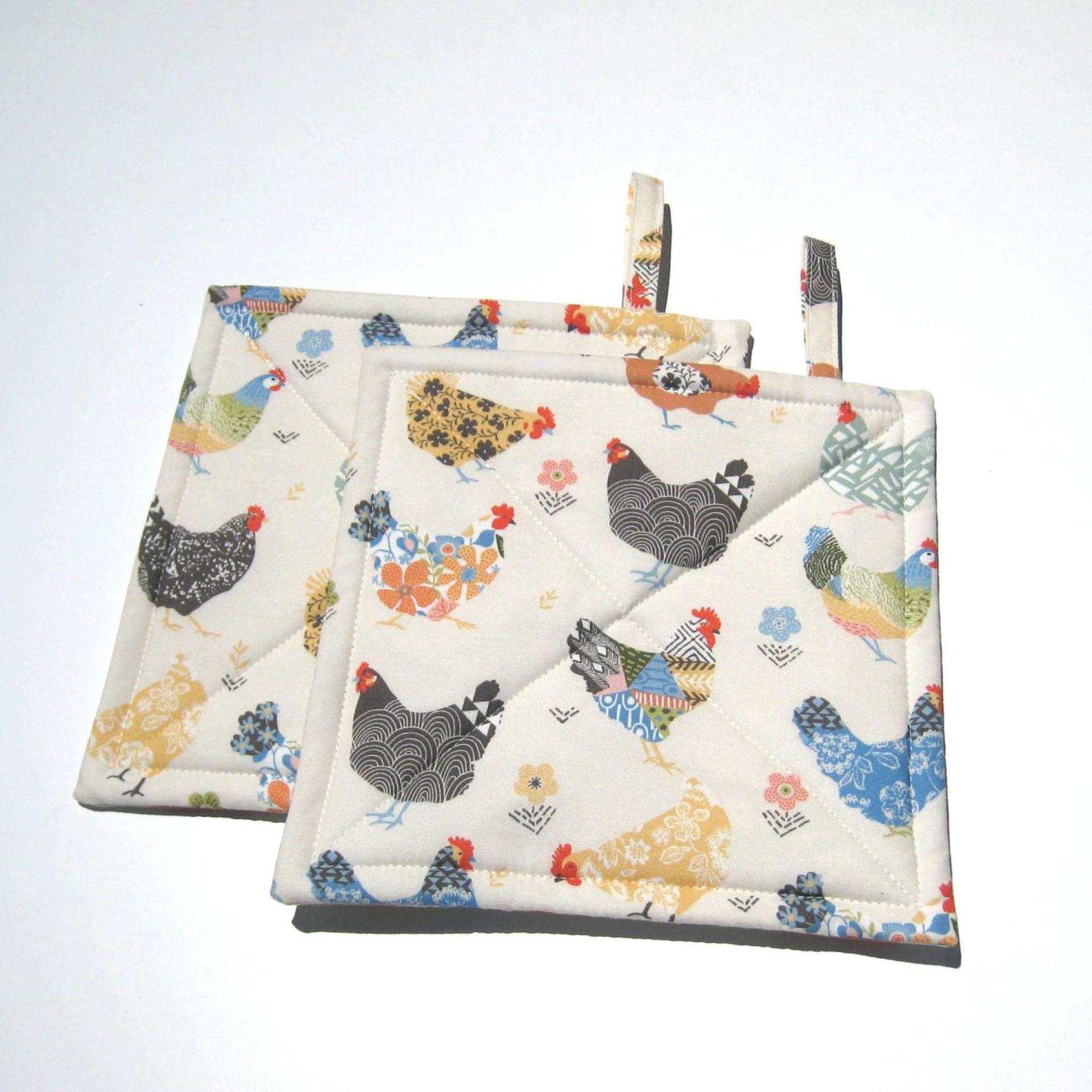 Calico Chickens Potholders, Yellow, Blue, Gray Quilted Hot Pads, USA Hand Made Hostess Gift, Stocking Stuffer, Wrapped Ready for Gift Giving