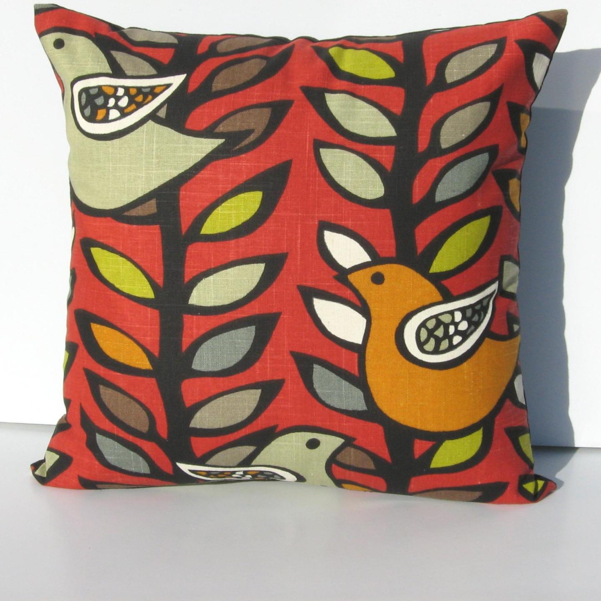 Funky Mod Style Birds Pillow Cover in Red, Green, Gray, Black, White Linen Cotton Blend, 17x17 Inches