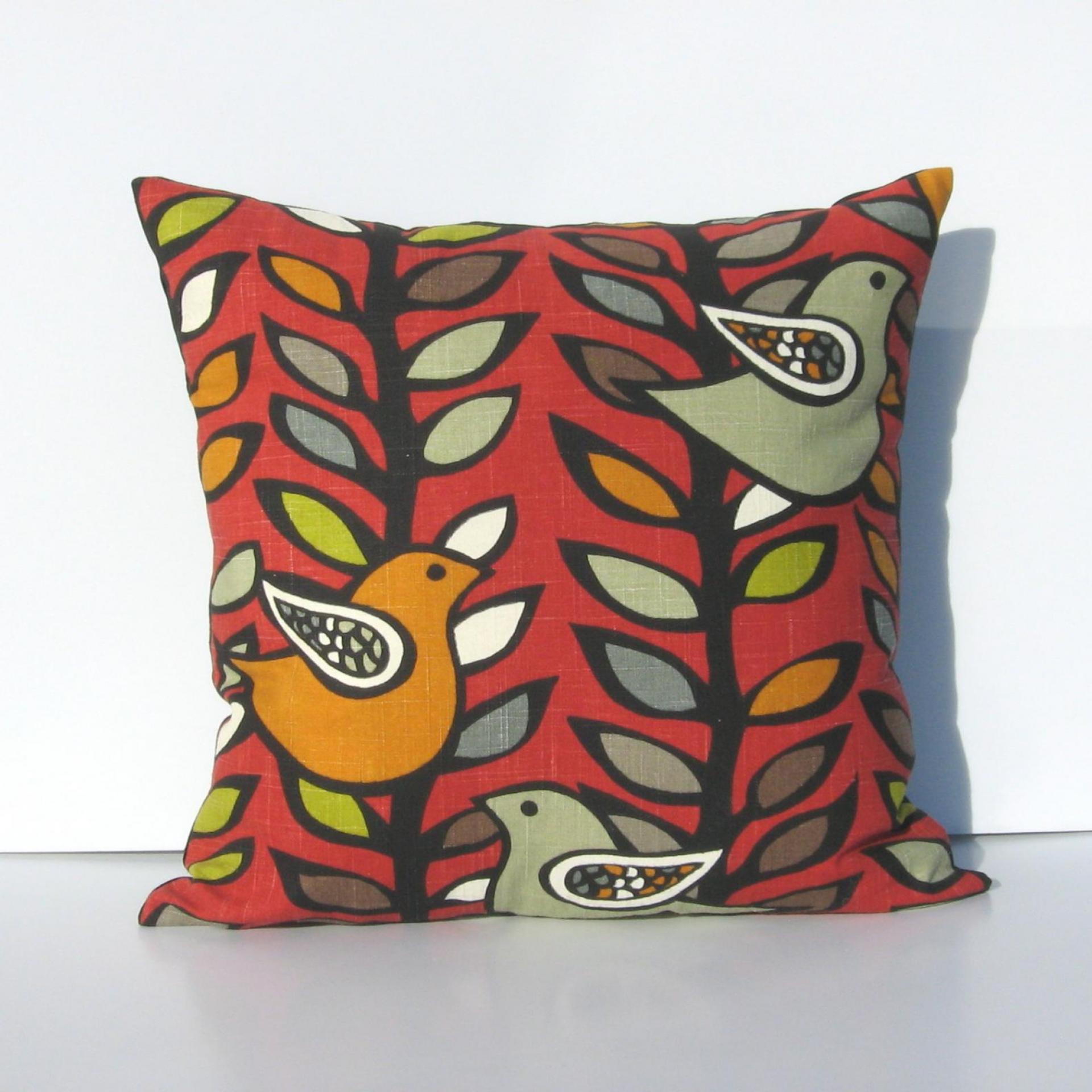 Mid Century Birds & Trees Pillow Cover in Red, Green, Gray, Black, White Linen Cotton Blend, 19 x 19 Inches