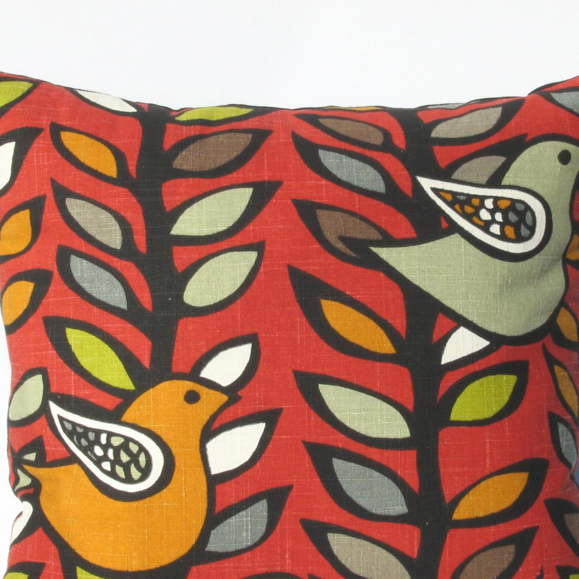 Mid Century Birds & Trees Pillow Cover in Red, Green, Gray, Black, White Linen Cotton Blend, 19 x 19 Inches