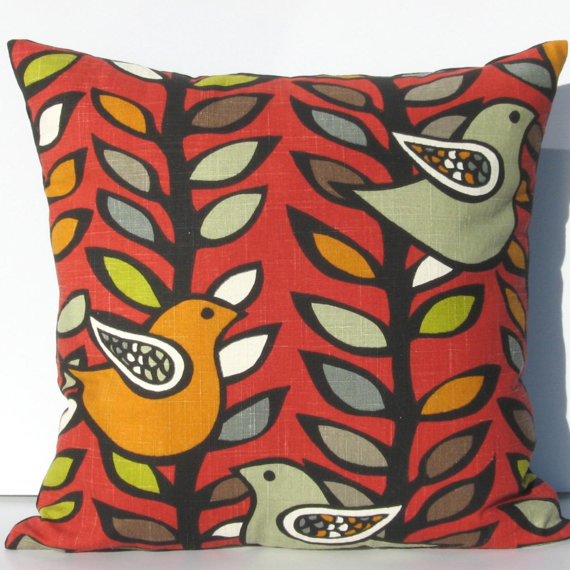 Mid Century Birds & Trees Pillow Cover in Red, Green, Gray, Black, White Linen Cotton Blend, 19 x 19 Inches