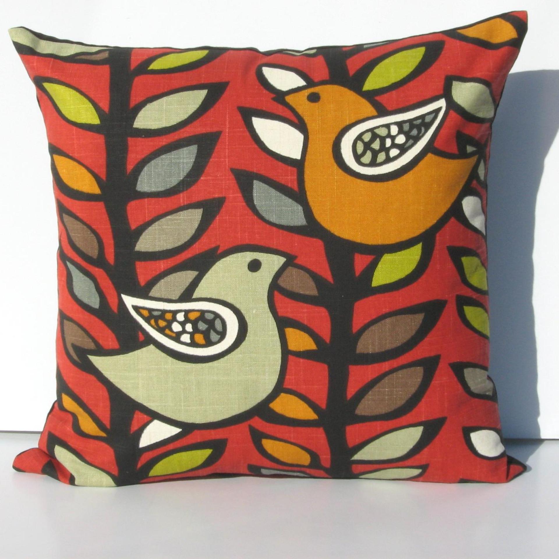 Red Mod Style Pillow Cover with Birds & Trees in Green, Gray, Black, White, Linen Cotton Blend, 17x17 Inches