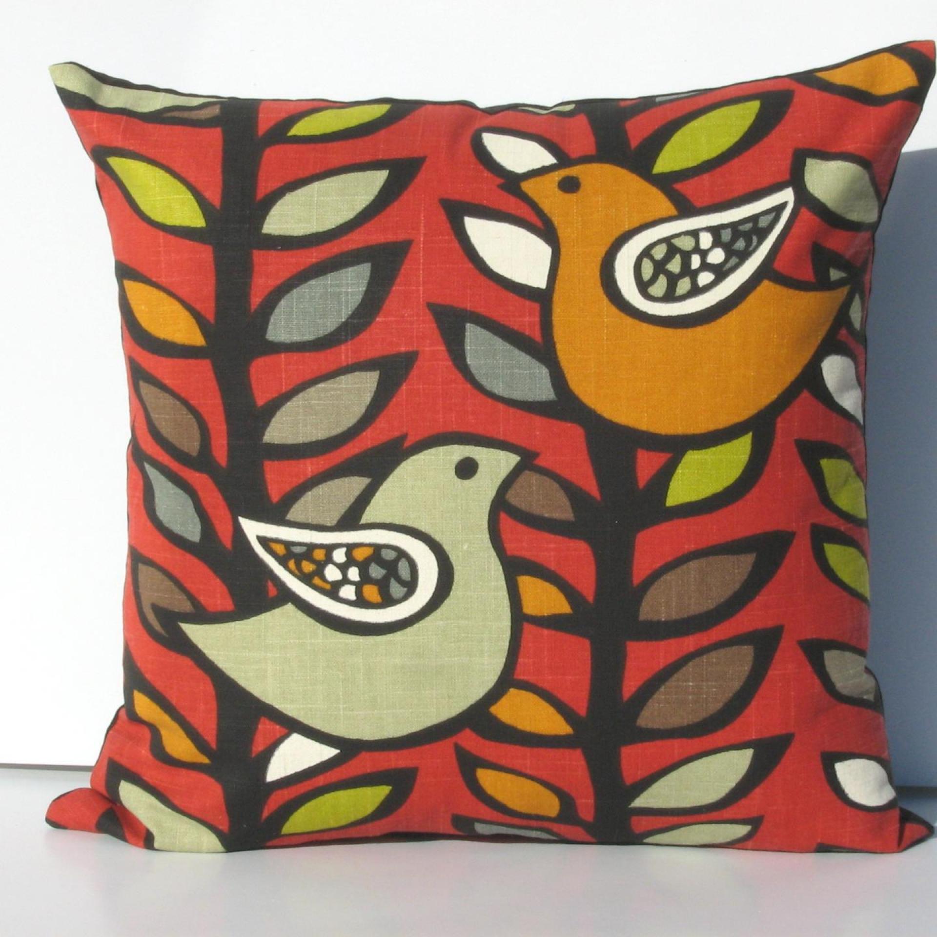 Red Mod Style Pillow Cover with Birds & Trees in Green, Gray, Black, White, Linen Cotton Blend, 17x17 Inches