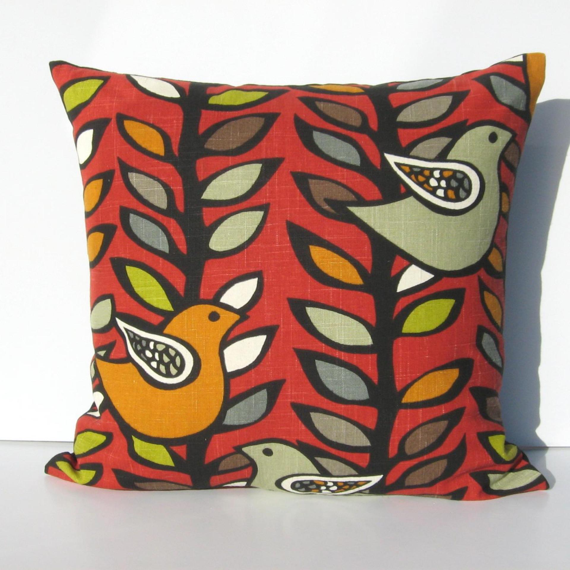 Mod Style Pillow Cover with Stylized Birds & Trees in Green, Gray, Black, White on Red Linen Cotton Blend, 19 x 19 Inches