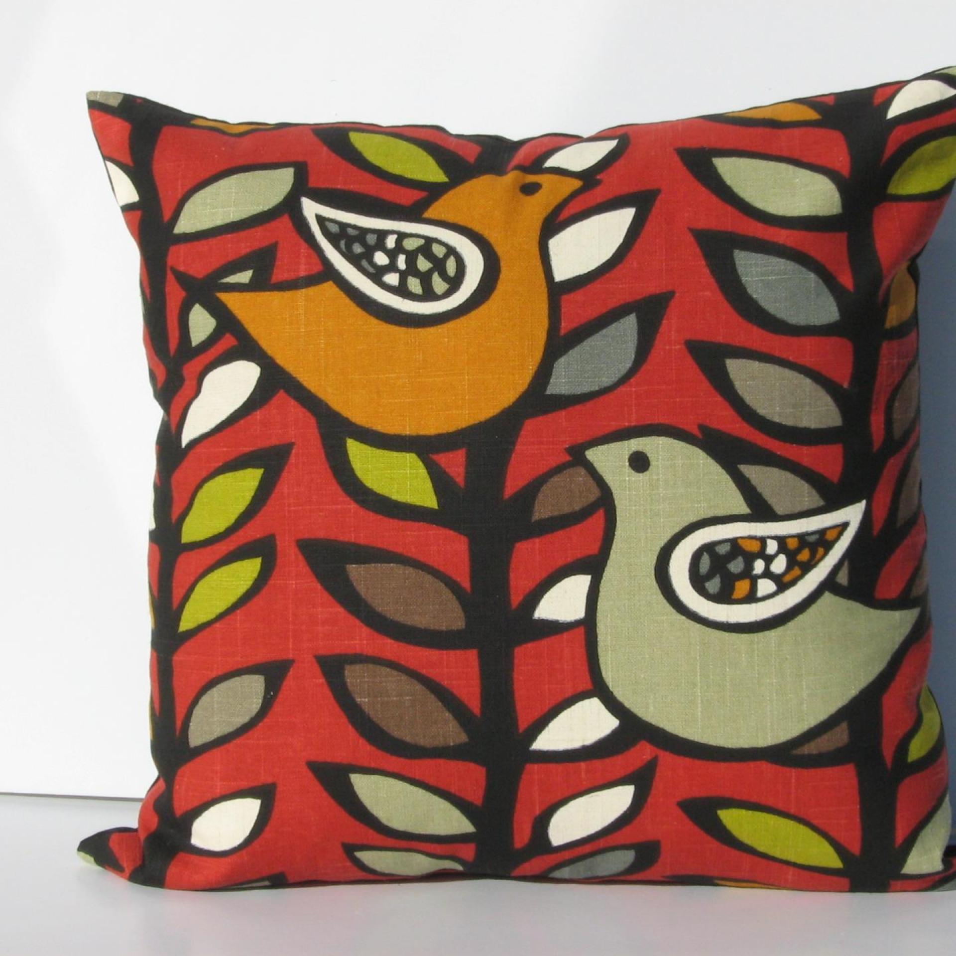 Retro Birds Pillow Cover in Red, Green, Gray, Black, White Linen Cotton Blend, 17x17 Inches, KAS Designer Fabric