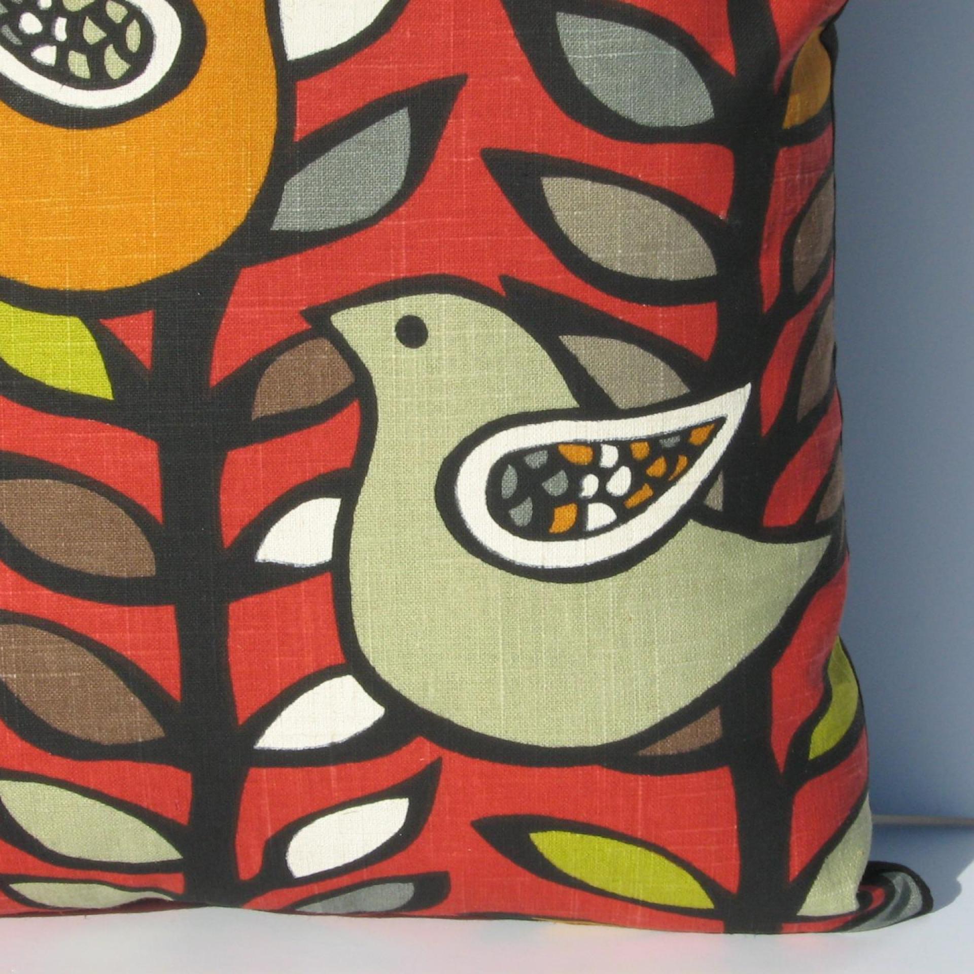 Retro Birds Pillow Cover in Red, Green, Gray, Black, White Linen Cotton Blend, 17x17 Inches, KAS Designer Fabric