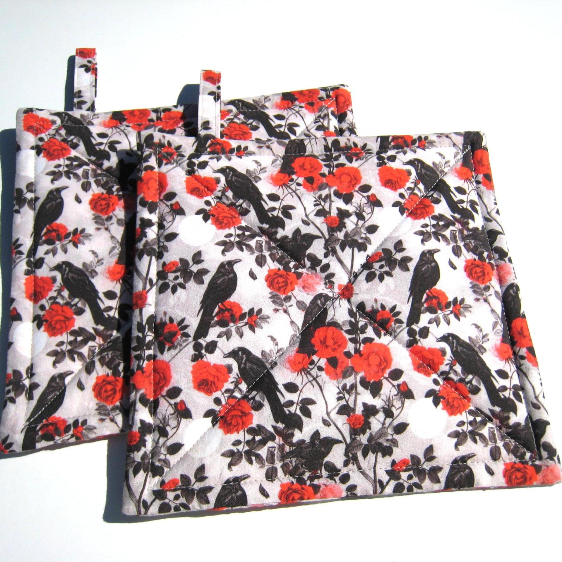 Crows and Roses Potholders, Goth Décor Quilted Hot Pads in Red, Grey and Black, Spooky Kitchen, Stocking Stuffer, USA Handcrafted Gift