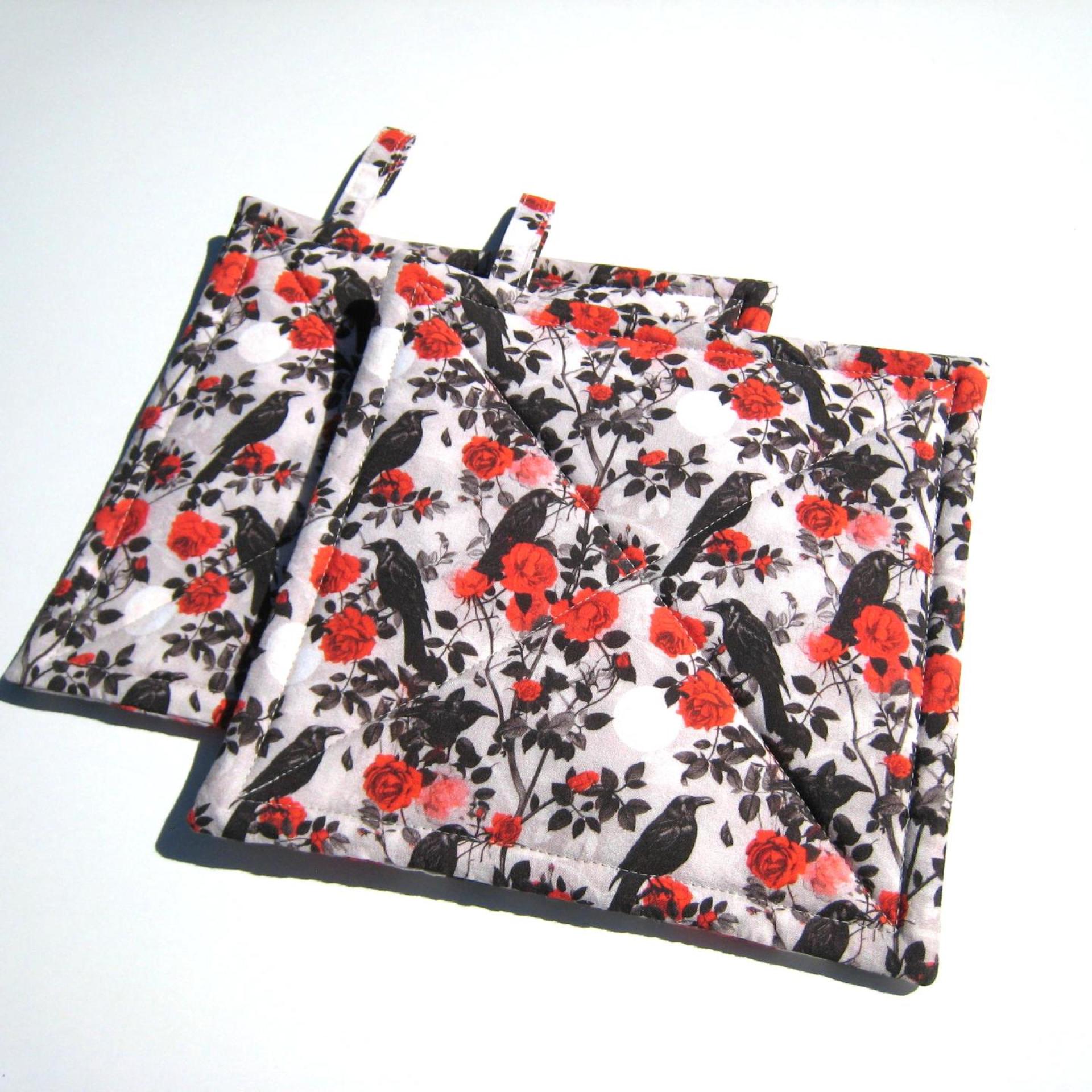 Crows and Roses Potholders, Goth Décor Quilted Hot Pads in Red, Grey and Black, Spooky Kitchen, Stocking Stuffer, USA Handcrafted Gift