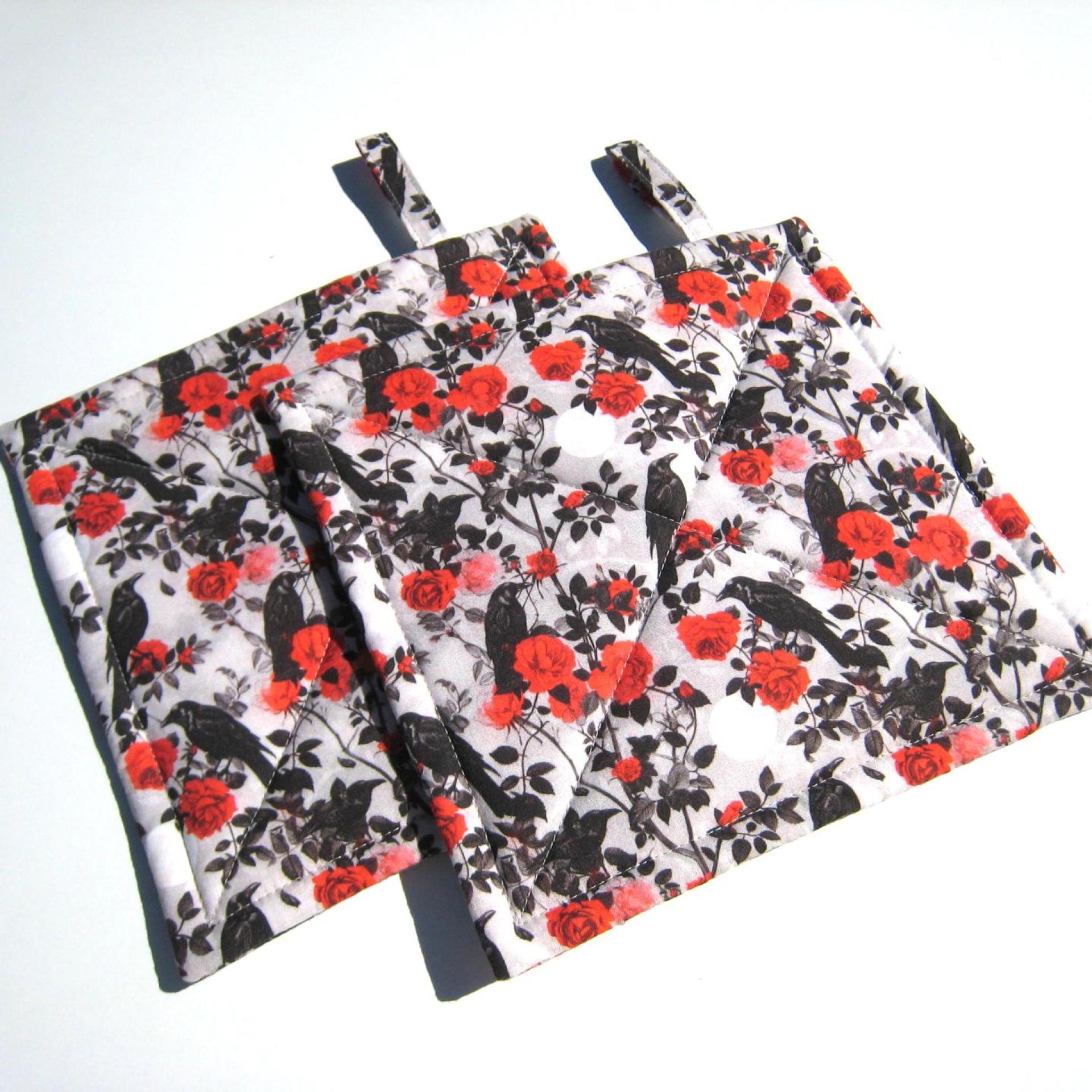 Crows and Roses Potholders, Goth Décor Quilted Hot Pads in Red, Grey and Black, Spooky Kitchen, Stocking Stuffer, USA Handcrafted Gift