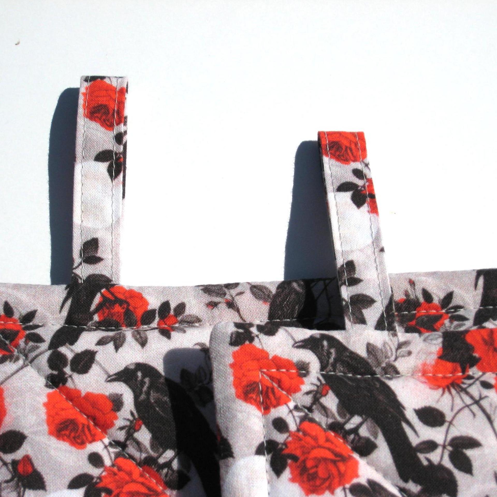 Crows and Roses Potholders, Goth Décor Quilted Hot Pads in Red, Grey and Black, Spooky Kitchen, Stocking Stuffer, USA Handcrafted Gift