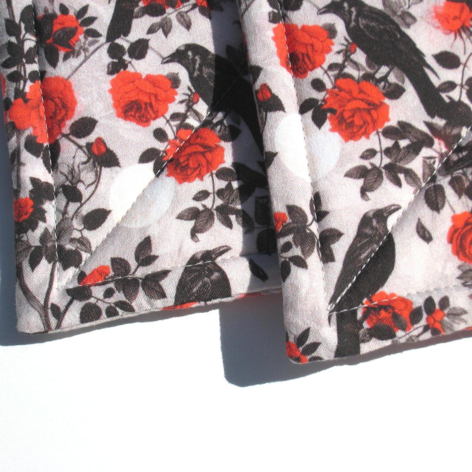 Crows and Roses Potholders, Goth Décor Quilted Hot Pads in Red, Grey and Black, Spooky Kitchen, Stocking Stuffer, USA Handcrafted Gift