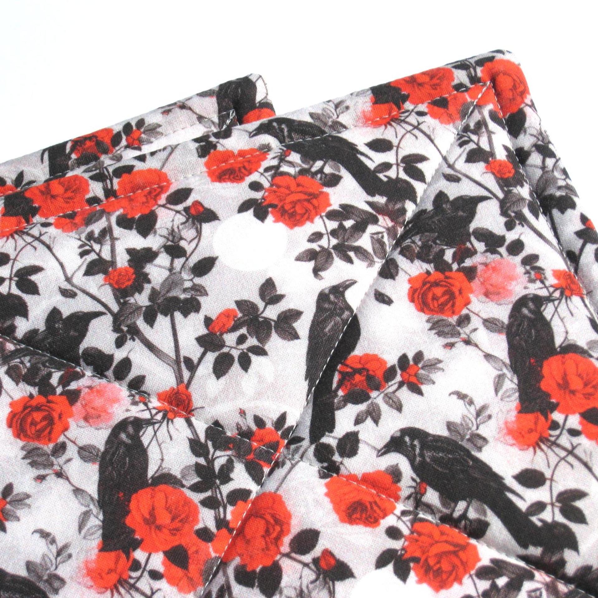Crows and Roses Potholders, Goth Décor Quilted Hot Pads in Red, Grey and Black, Spooky Kitchen, Stocking Stuffer, USA Handcrafted Gift