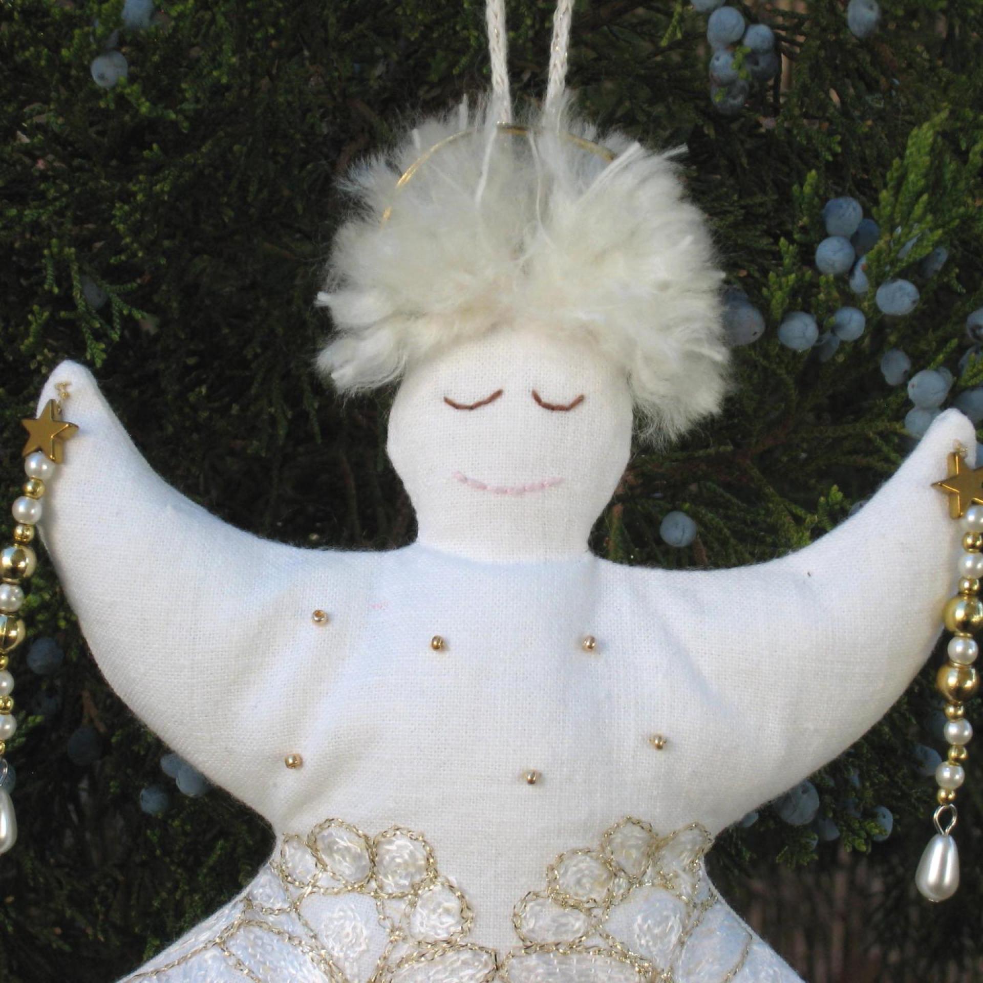 Christmas Angel Ornament, White & Gold Bejeweled Holiday Accent, NM Handmade