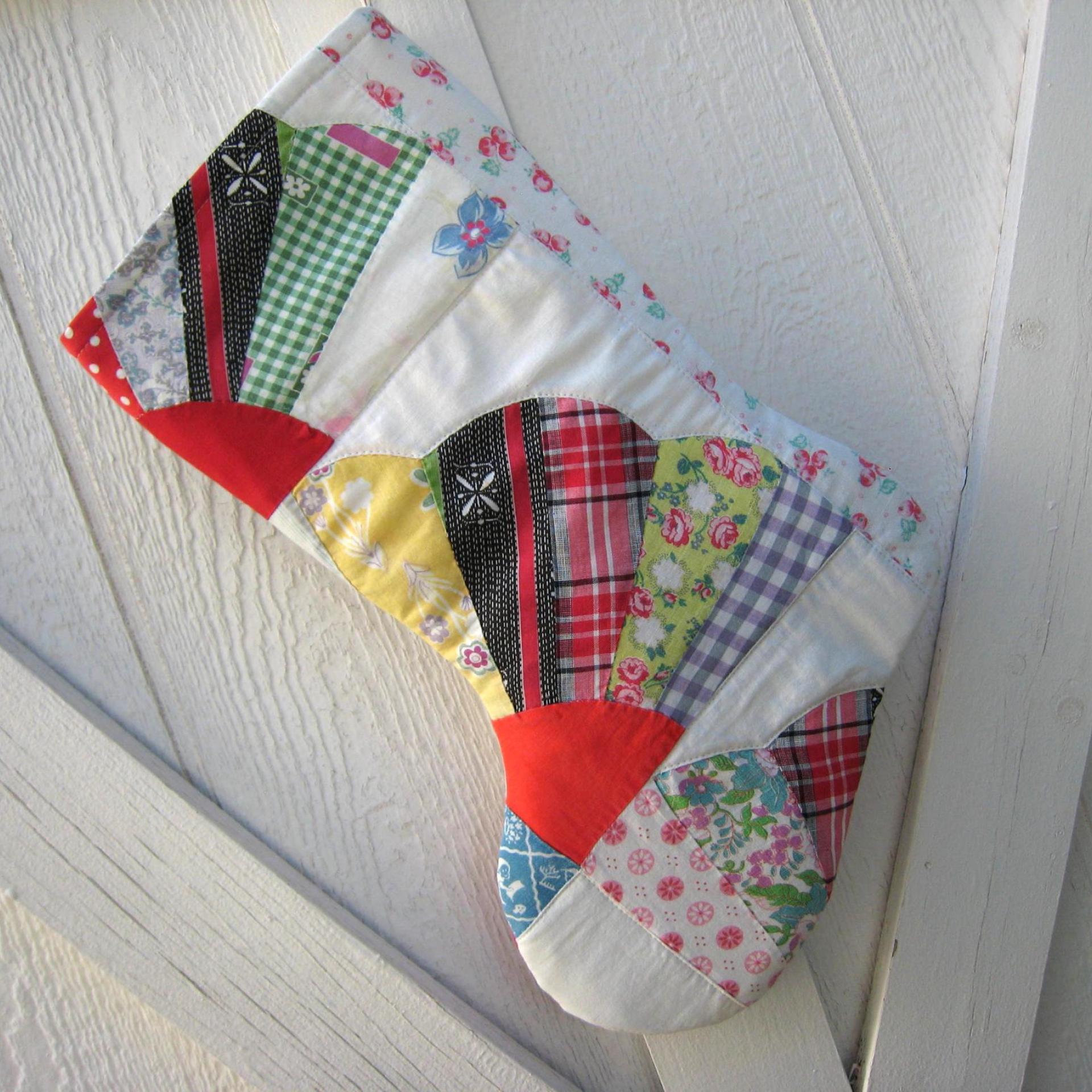 Vintage Fan Quilt Christmas Stocking, X-Large, Rustic Cottage Holiday Décor, Handmade in New Mexico