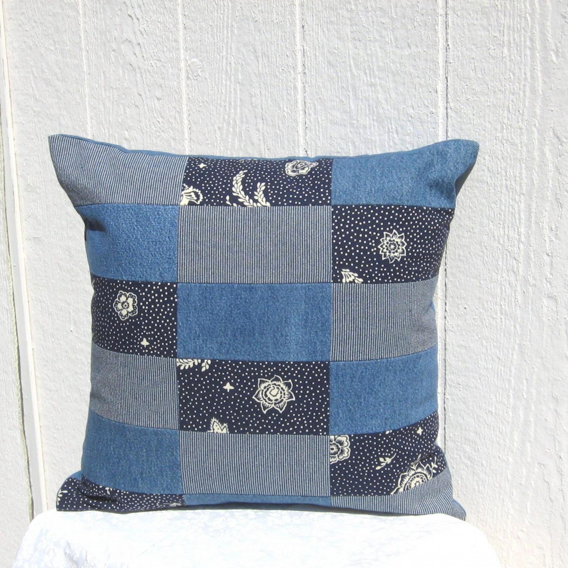Patchwork Denim Pillow Cover, Upcycled Indigo Home Décor, Boho Style 18 x 18 Pillow Cover