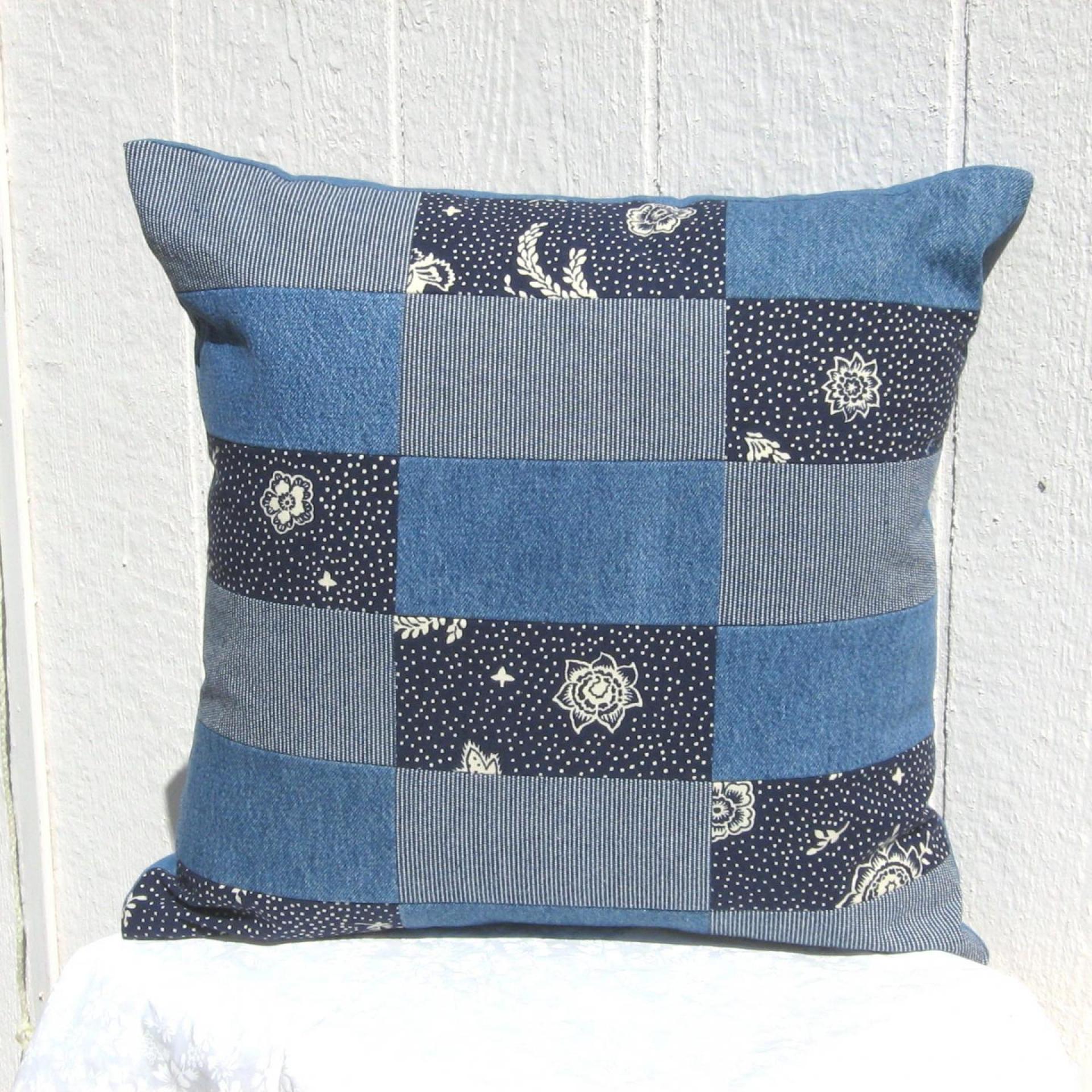 Patchwork Denim Pillow Cover, Upcycled Indigo Home Décor, Boho Style 18 x 18 Pillow Cover