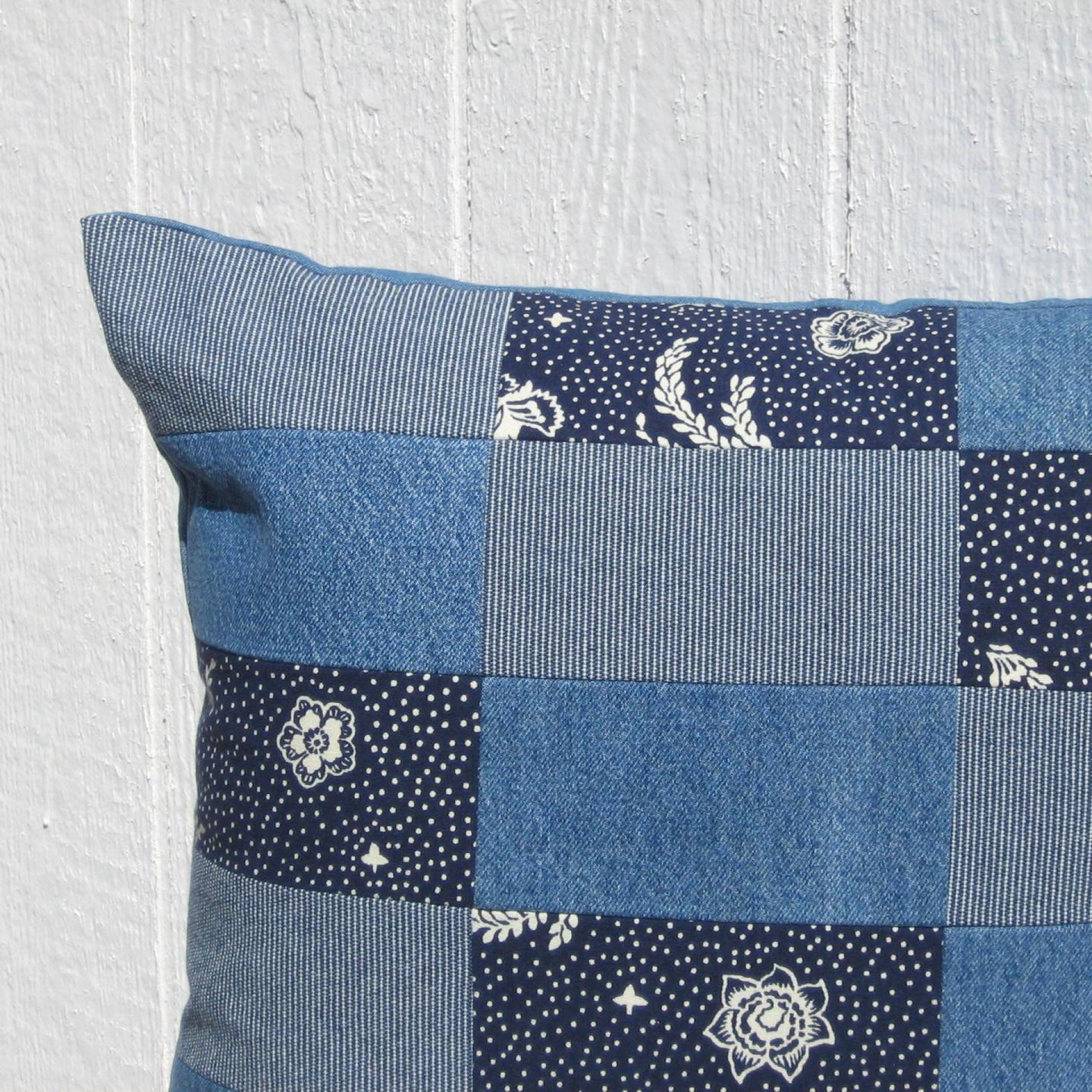 Patchwork Denim Pillow Cover, Upcycled Indigo Home Décor, Boho Style 18 x 18 Pillow Cover