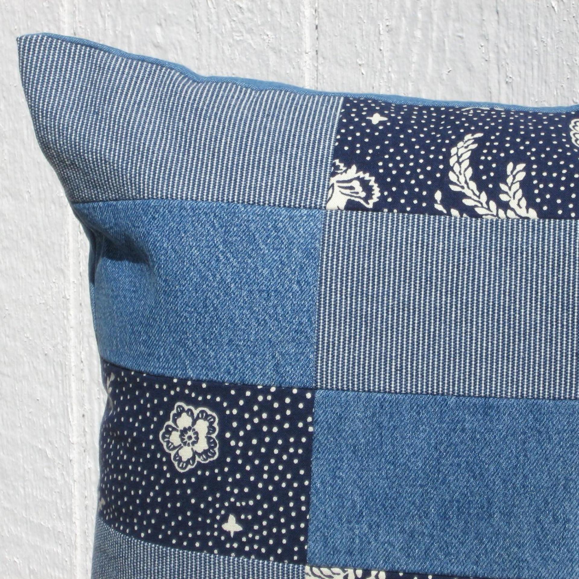 Patchwork Denim Pillow Cover, Upcycled Indigo Home Décor, Boho Style 18 x 18 Pillow Cover