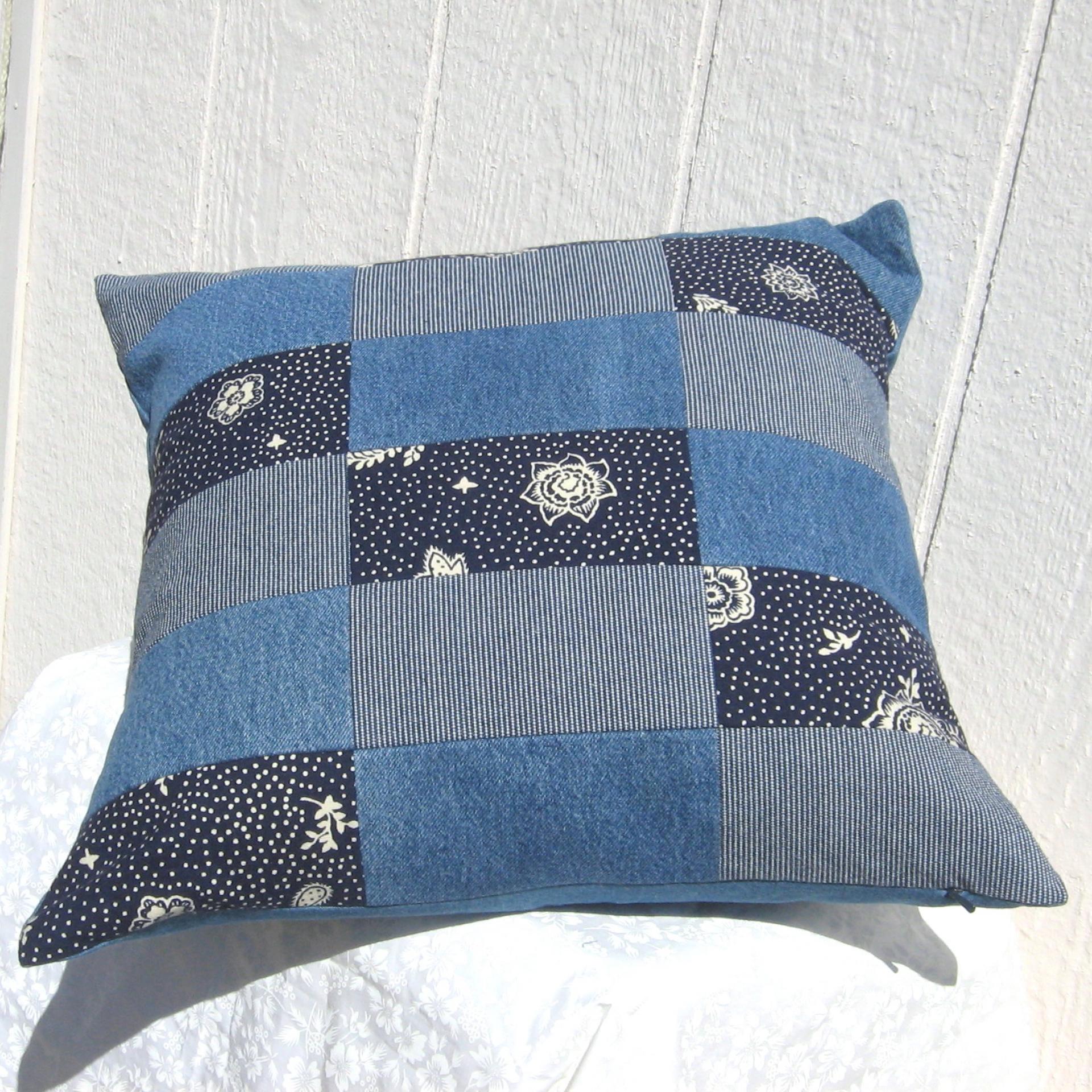 Patchwork Denim Pillow Cover, Upcycled Indigo Home Décor, Boho Style 18 x 18 Pillow Cover