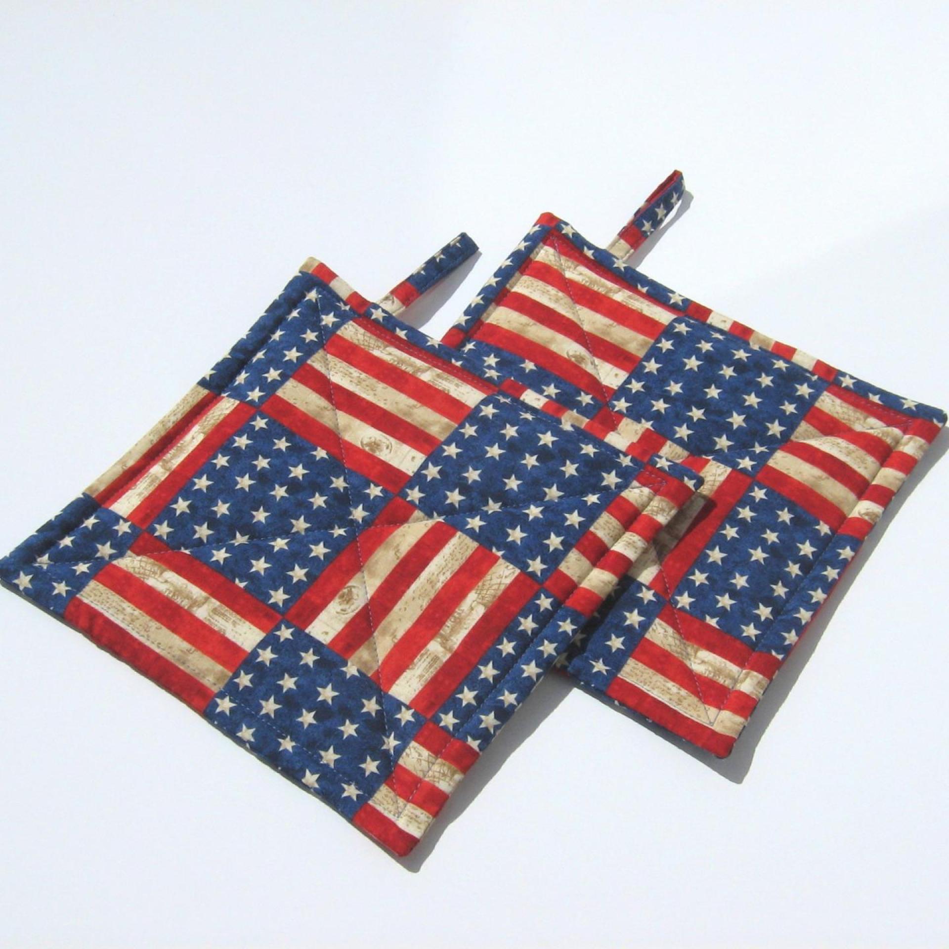Rustic Flag Potholders, Stars and Stripes Hot Pads, Americana Kitchen Décor, USA Handmade 