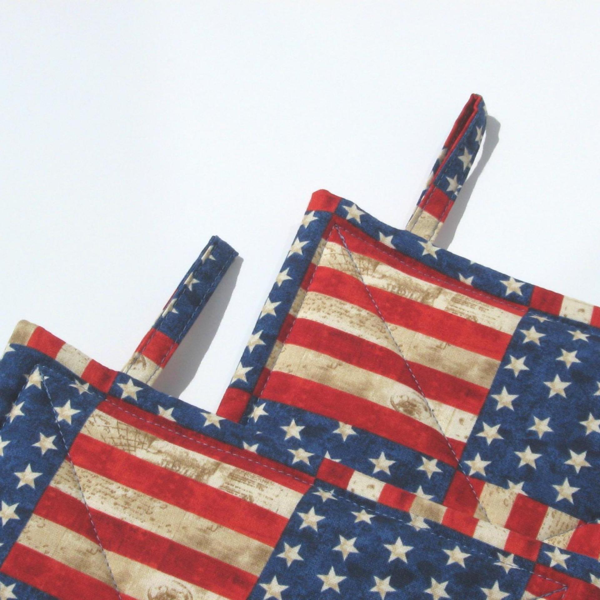 Rustic Flag Potholders, Stars and Stripes Hot Pads, Americana Kitchen Décor, USA Handmade 
