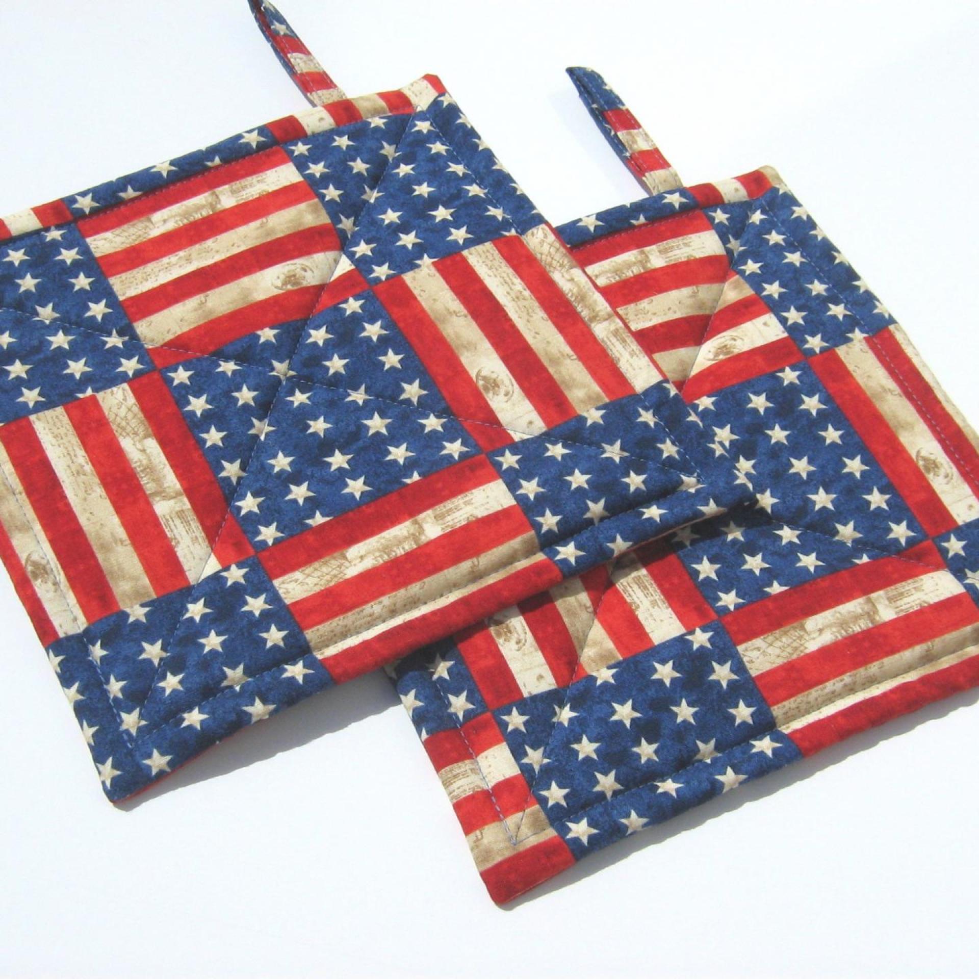 Rustic Flag Potholders, Stars and Stripes Hot Pads, Americana Kitchen Décor, USA Handmade 