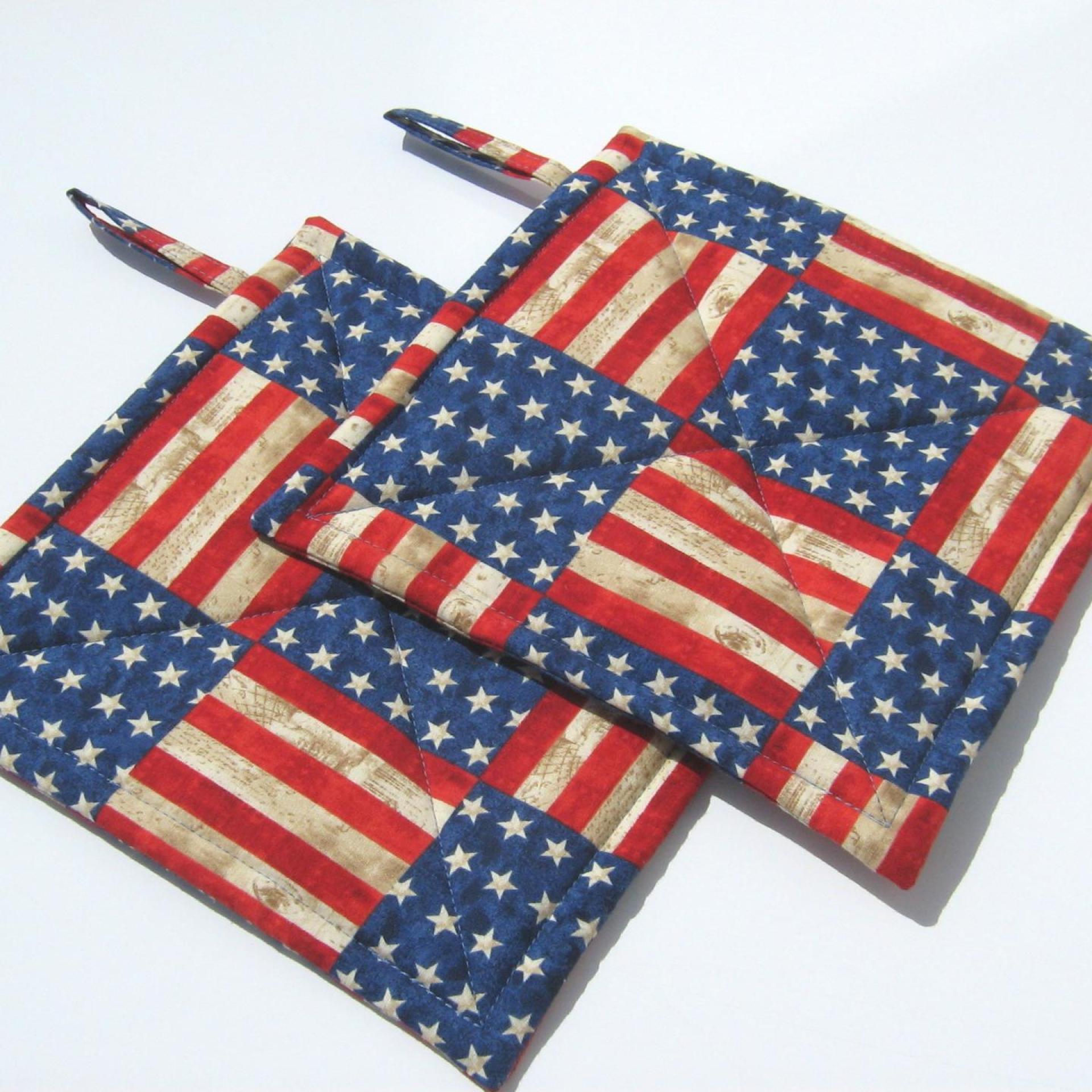 Rustic Flag Potholders, Stars and Stripes Hot Pads, Americana Kitchen Décor, USA Handmade 