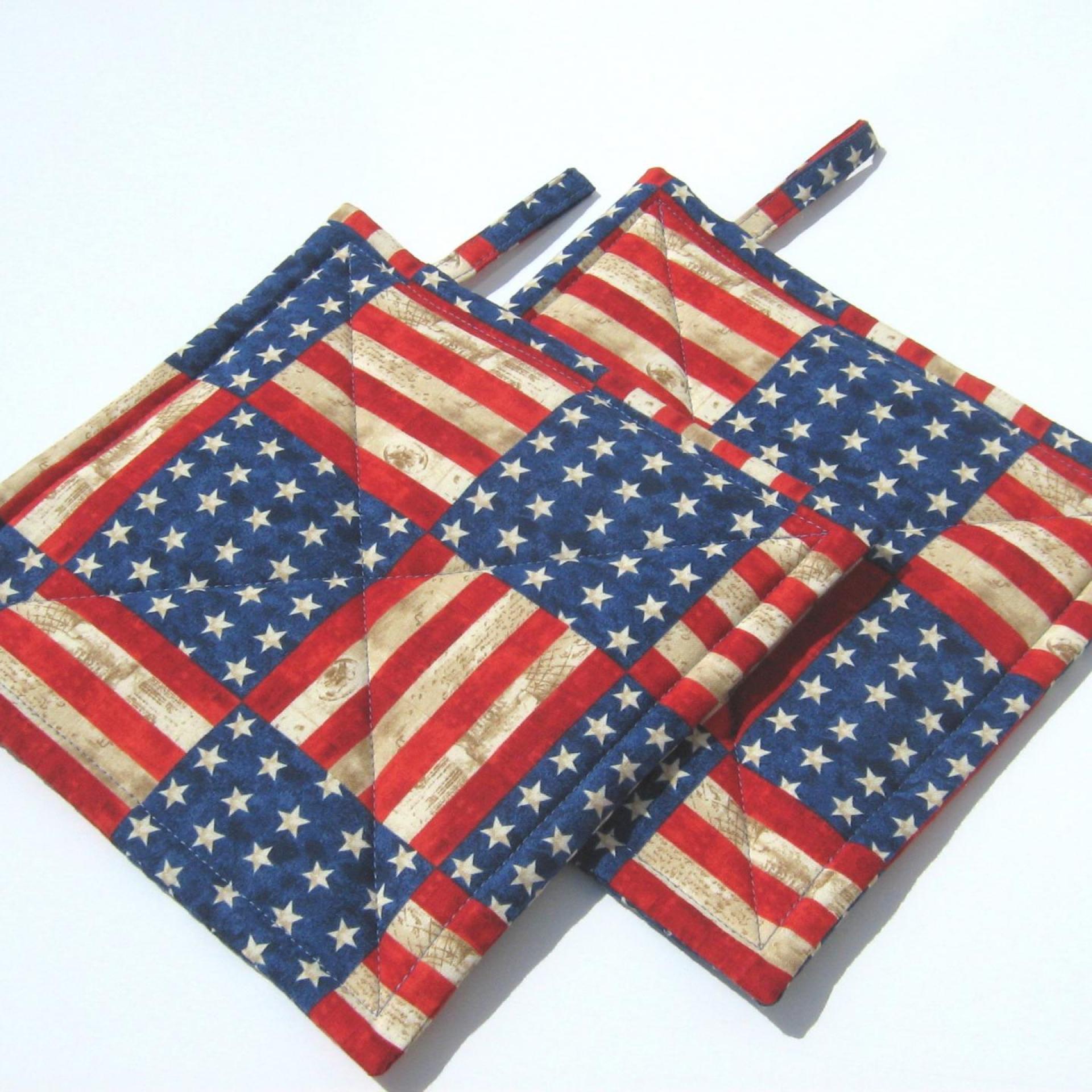 Rustic Flag Potholders, Stars and Stripes Hot Pads, Americana Kitchen Décor, USA Handmade 