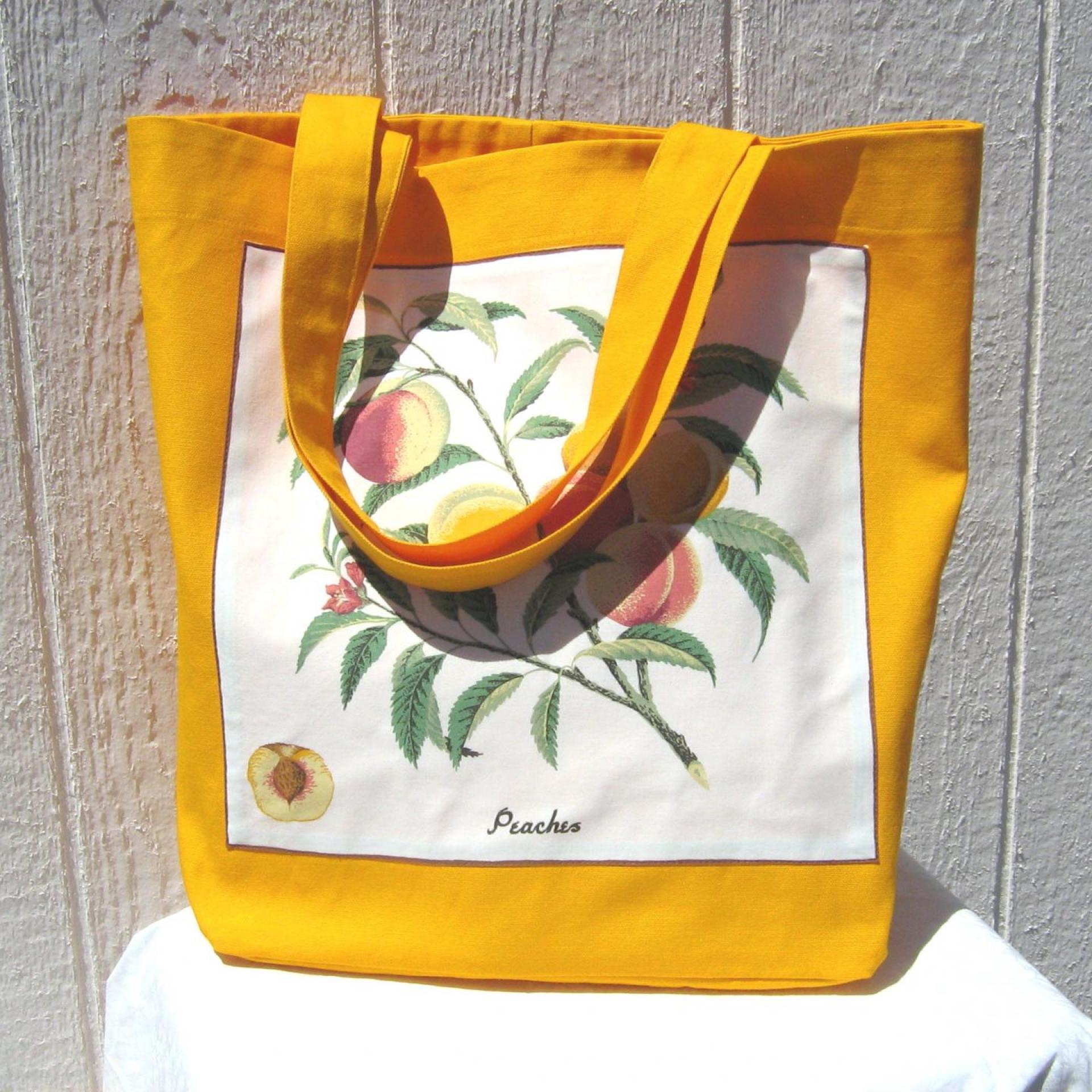 Fabric Shopping Bag, Orange Duck Canvas Tote with Vintage Peach Botanical Illustration, Eco-Friendly